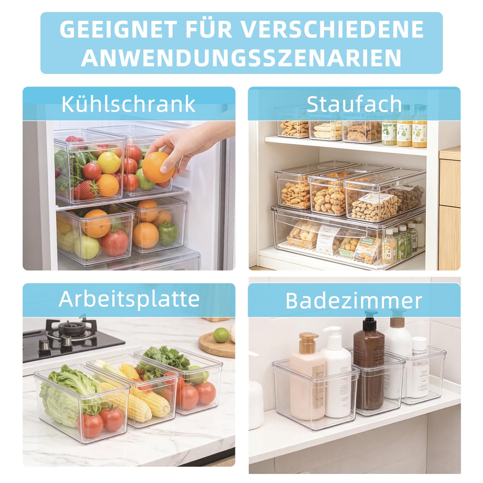 10er Pack Kühlschrank Organizer mit Deckel, Kühlschrank Organizer Stapelbar, BPA-frei, Durchsichtige Kühlschrank Aufbewahrungsboxen für Obst, Gemüse, Lebensmittel