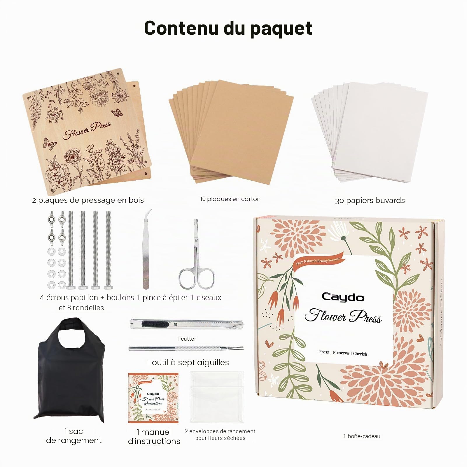 Caydo Kit de presse à fleurs en bois 27,9 x 27,9 cm 10 couches pour adultes, marque-page à faire soi-même, cadre de fleurs pressées – Conserve les bouquets funéraires de mariage et les plantes, les