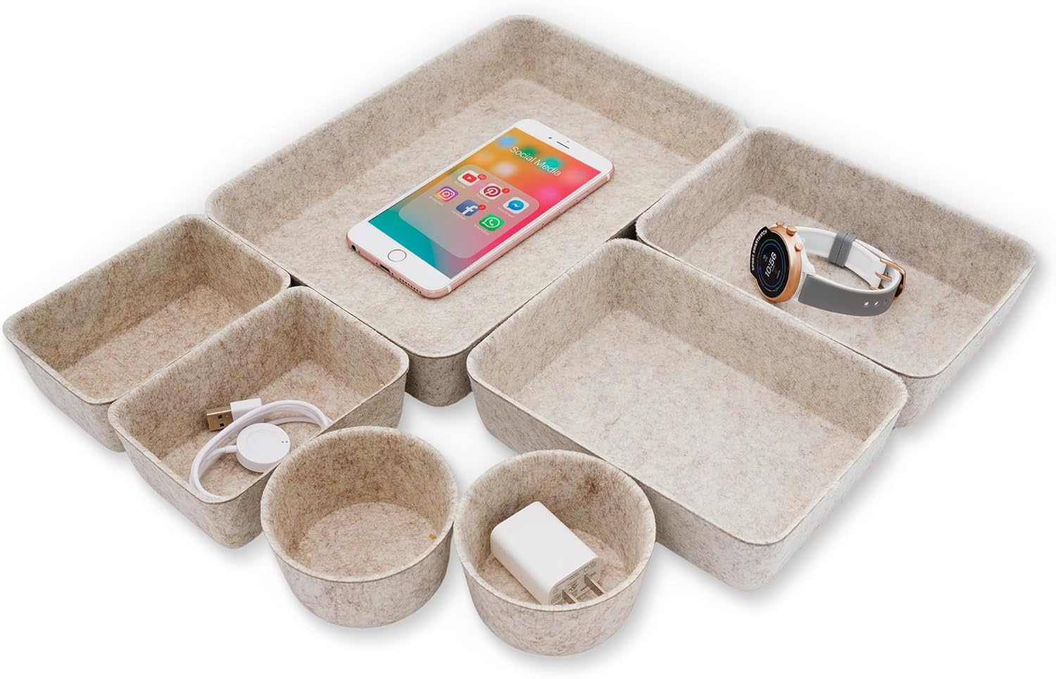 Welaxy Drawer organizers Felt storage bins office Desk Draw dividers wabi-sabi Nordic Natural Scandinavian-chic style beige hygge design catchall tray 7-Piece gift idea (Oatmeal)