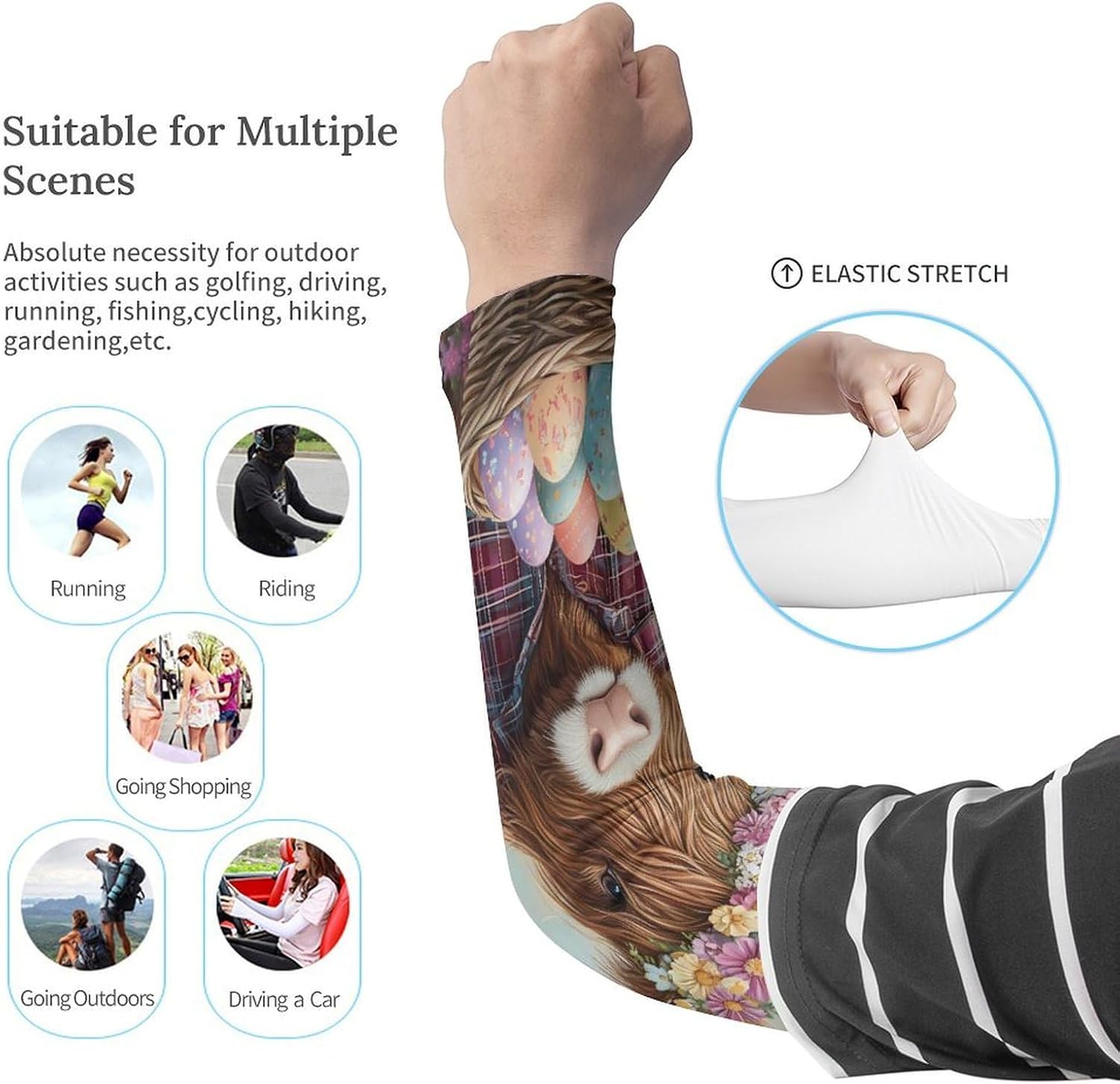 Highland Cow Easter Eggs Arm Sleeves Sun Protection Sleeves Sports Cooling Arm Compression Sleeve for Men Women