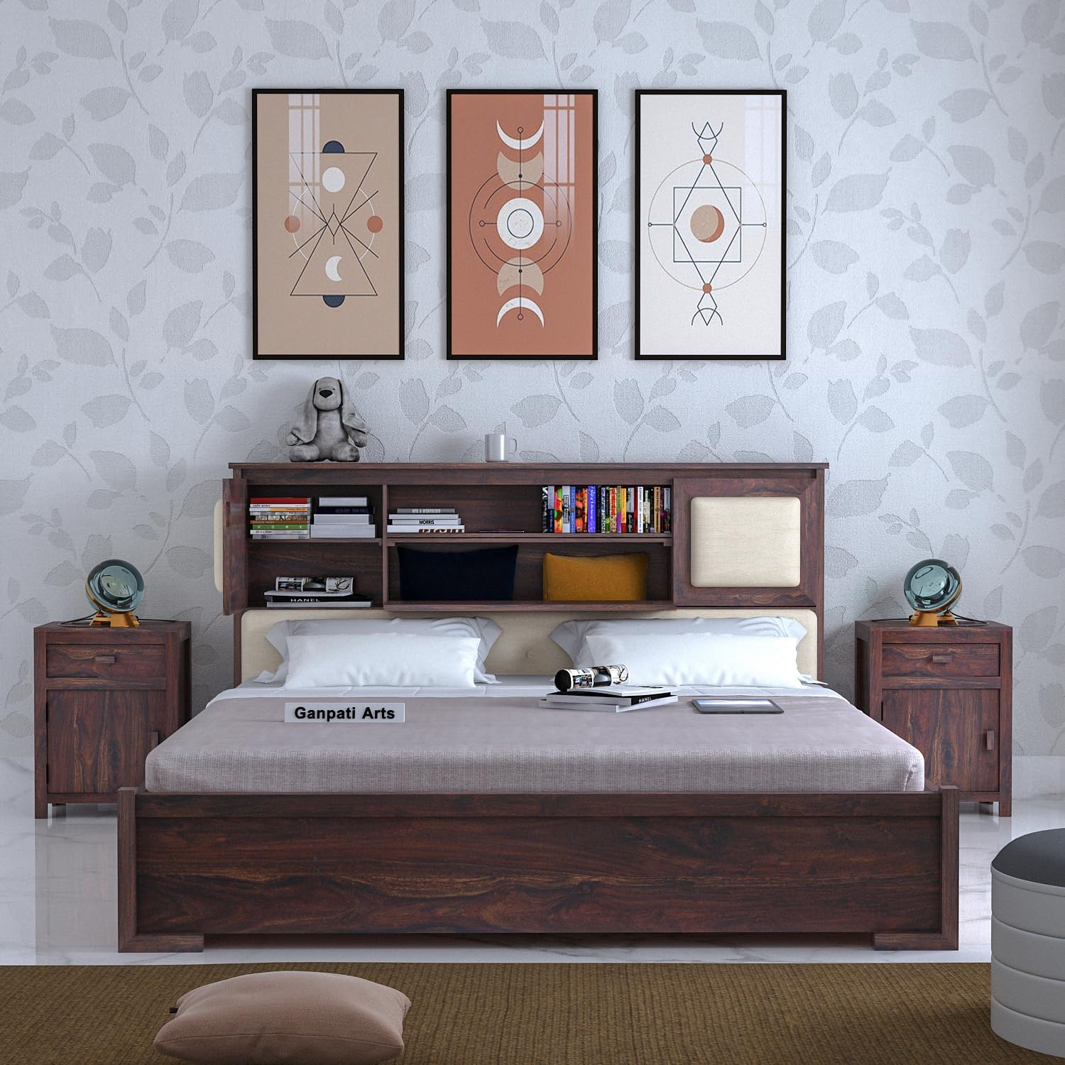 Ganpati Arts Solid Sheesham Wood Maharaja Queen Size Bed with Headboard and Box Storage Wooden Double Bed Palang for Bedroom Home (Walnut Finish)