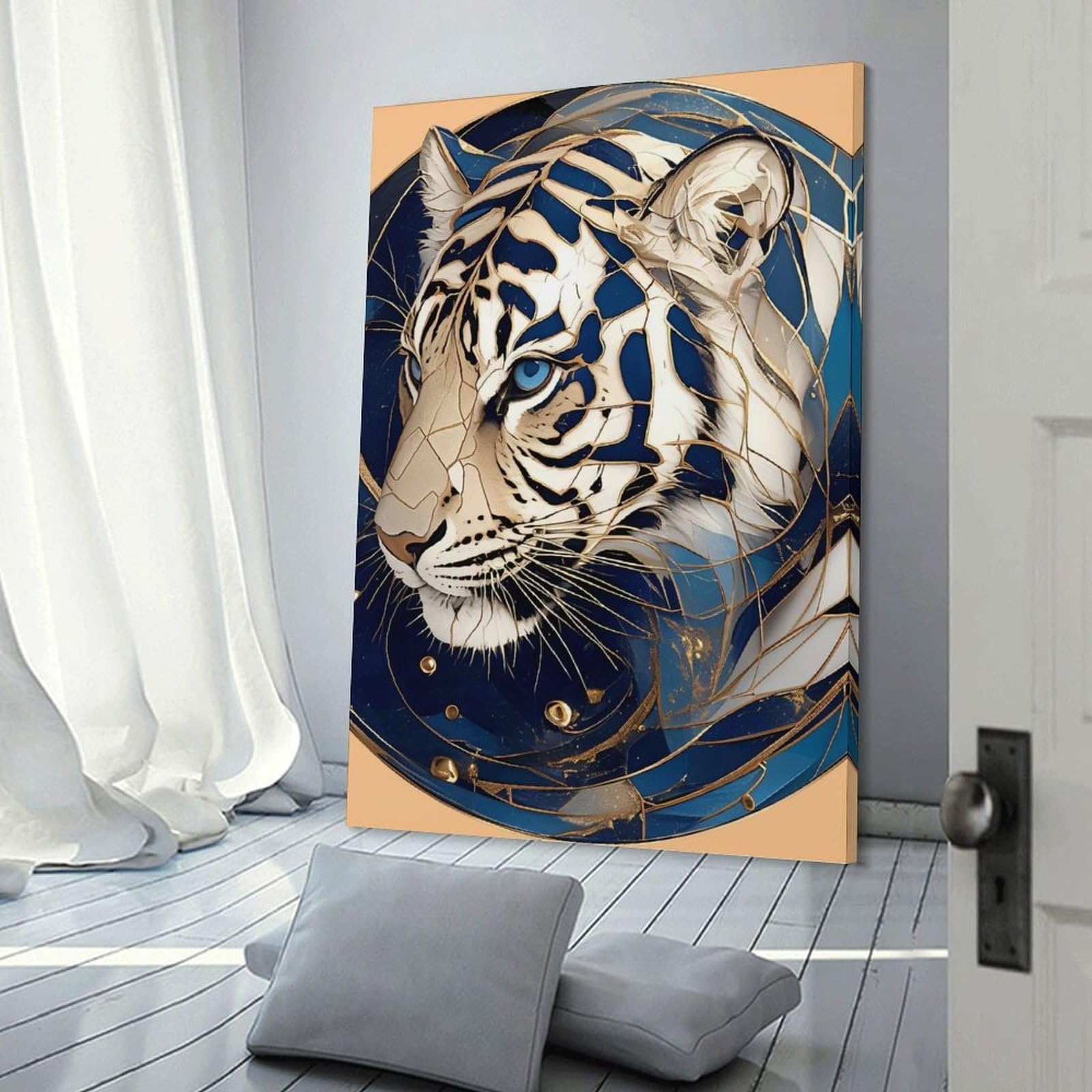 Junmoney Wall Decor Canvas Print Abstract White Tiger with Blue And Gold Accents, 20x30inch(50x75cm), for Study, Office Or Focused Interiors, Wall Art That Adds Style to Work Areas