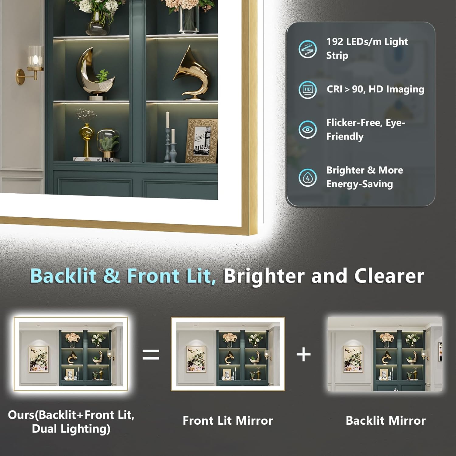 50x40 Gold LED Bathroom Mirror with Lights, Brushed Gold Framed Backlit and Front Lit Anti-Fog Lighted Vanity Mirrors for Bathroom Wall, Dimmable, 3 Colors, Memory, HD Tempered Glass, CRI＞90