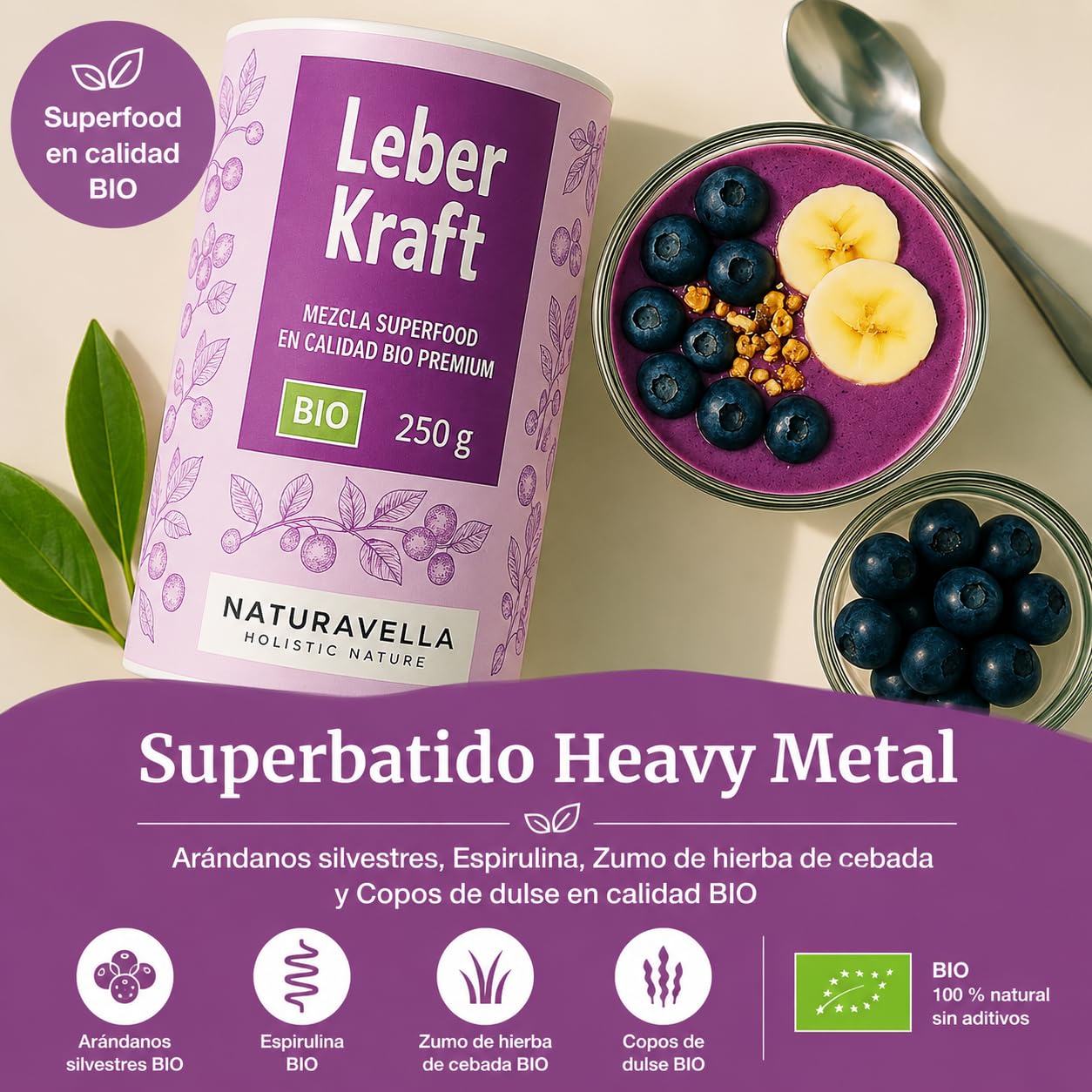 NATURAVELLA LeberKraft Superfood Bio 250g | Heavy Metal Detox con arándanos silvestres, hierba de cebada, espirulina y dulse | Receta Anthony William | Vegano