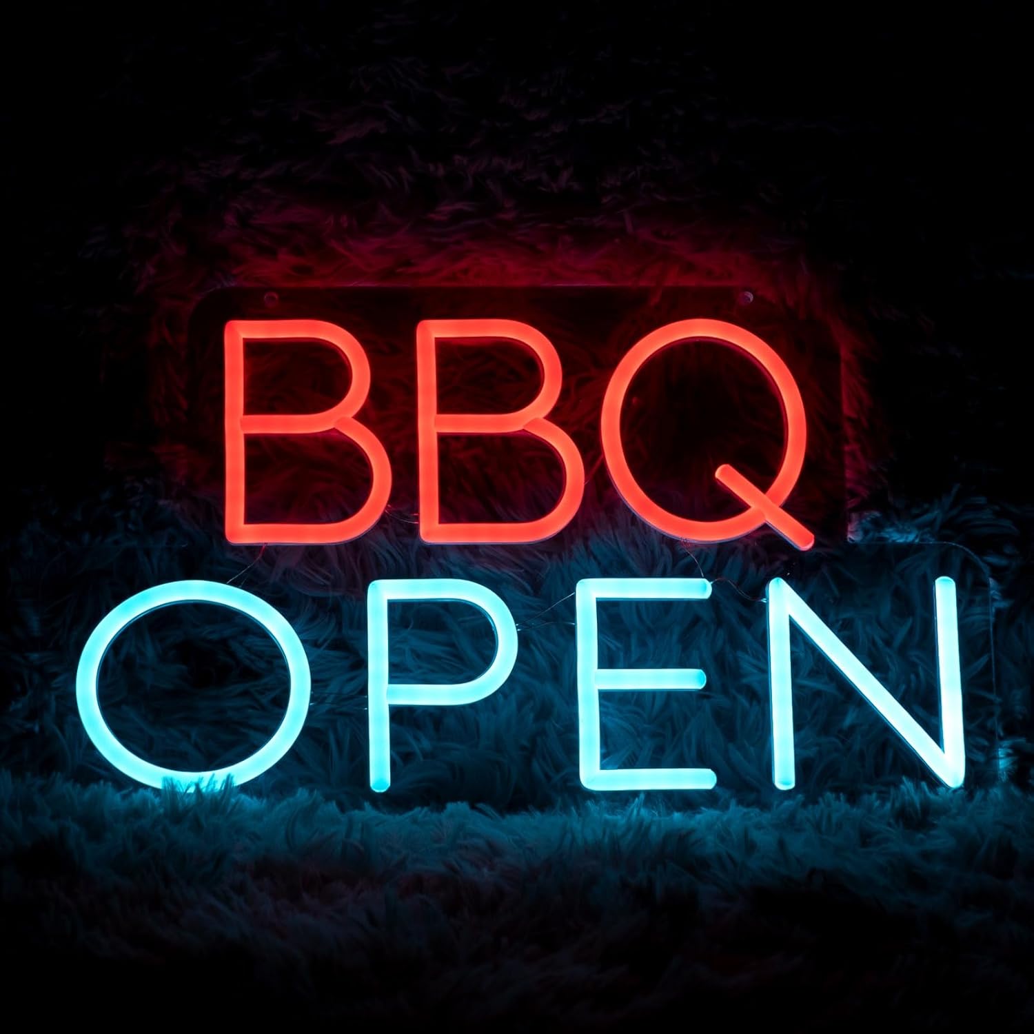 BBQ OPEN Neon Sign (LARGE 24x14'' - SUPER BRIGHT - Remote included) BBQ Sign Led Light Business Open Sign BBQ lights BBQ restaurant decor (24x14'', Red and Ice Blue)