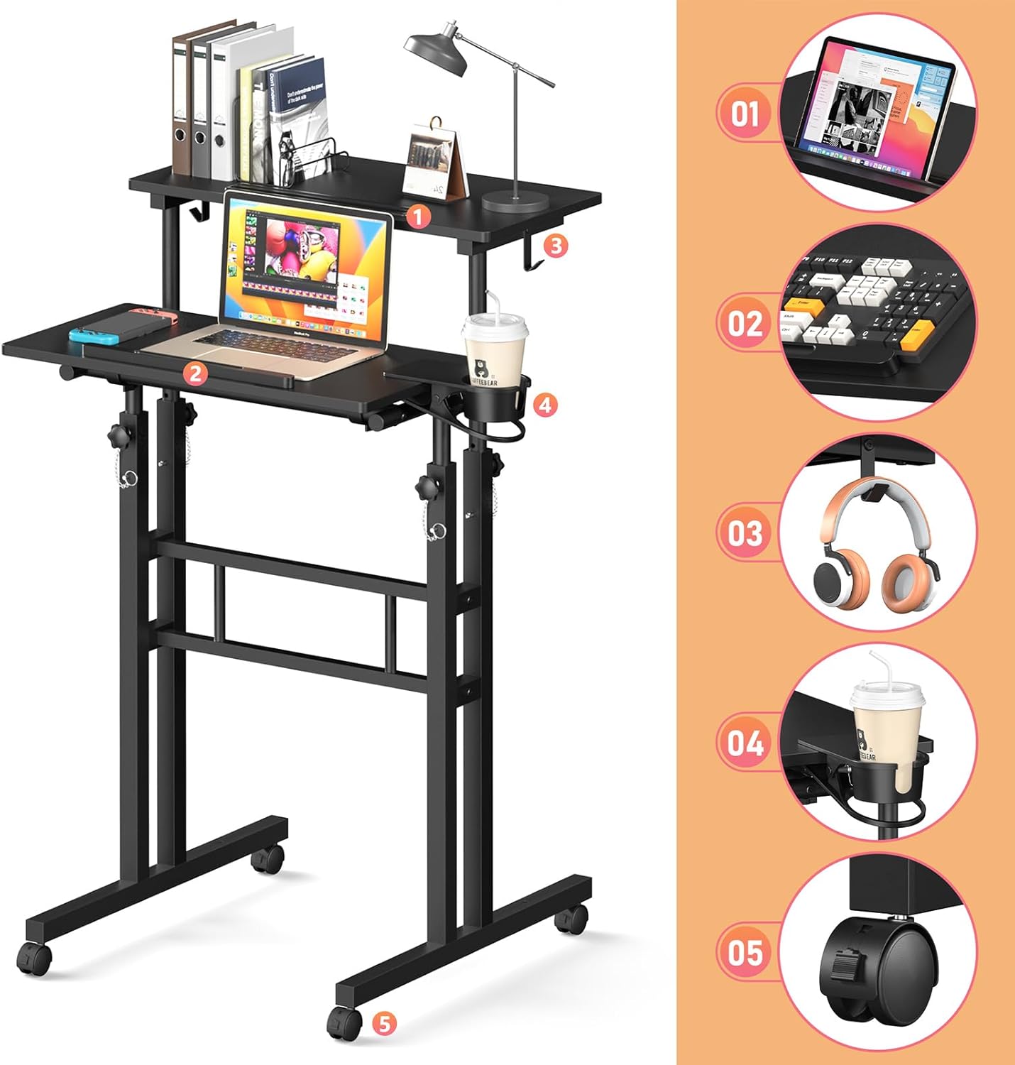 Small Standing Desk with Wheels, Tall Mobile Stand Up Table, Portable Standing Desk for Walking Pad, Rolling Table Adjustable Height, Rolling Computer Table for Tall Person - Image 9