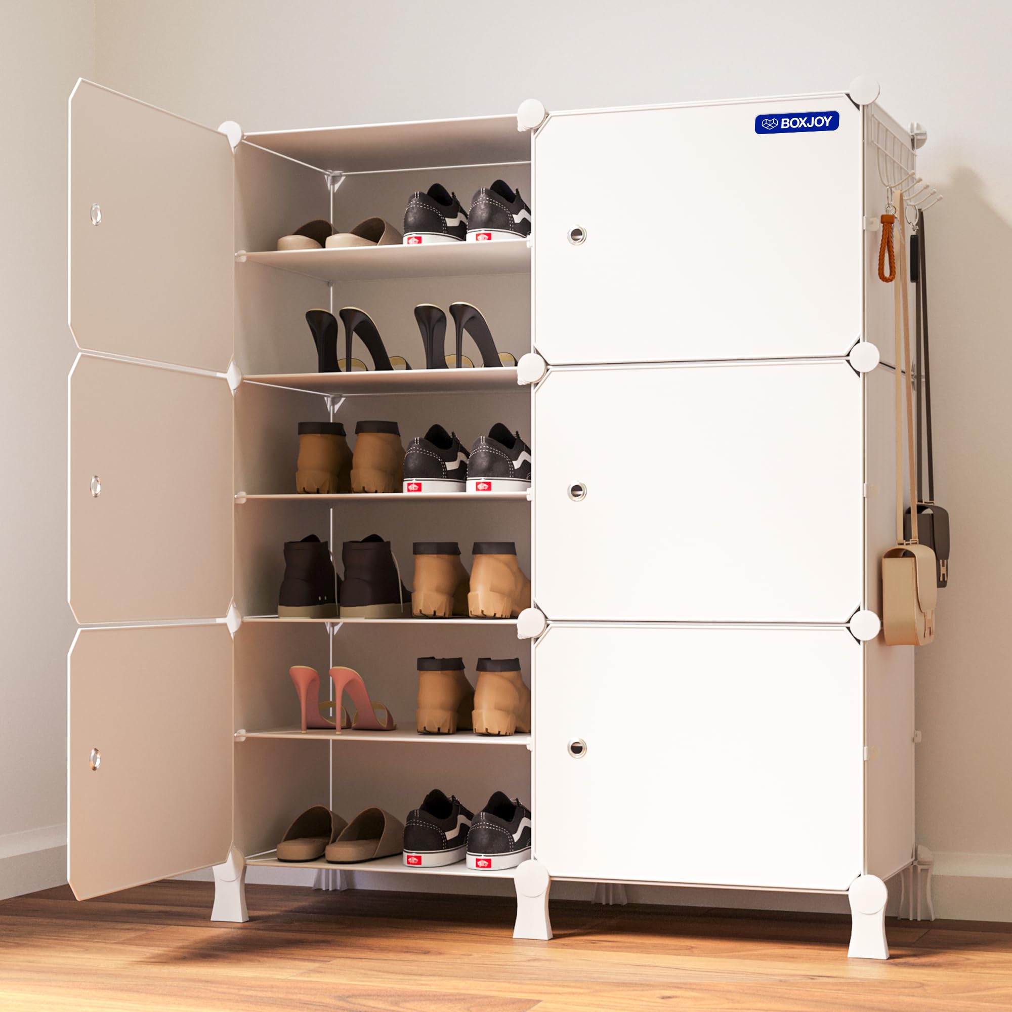 BOXJOY 12 Shelf Shoe Rack Box Organizer with Strong Door Magnets & 5 Hook Steel Holder for Home Storage, PP Plastic Cabinets with Metal Door Frame (White Rack, White Doors), 300 x 800 x 900 mm-image-4