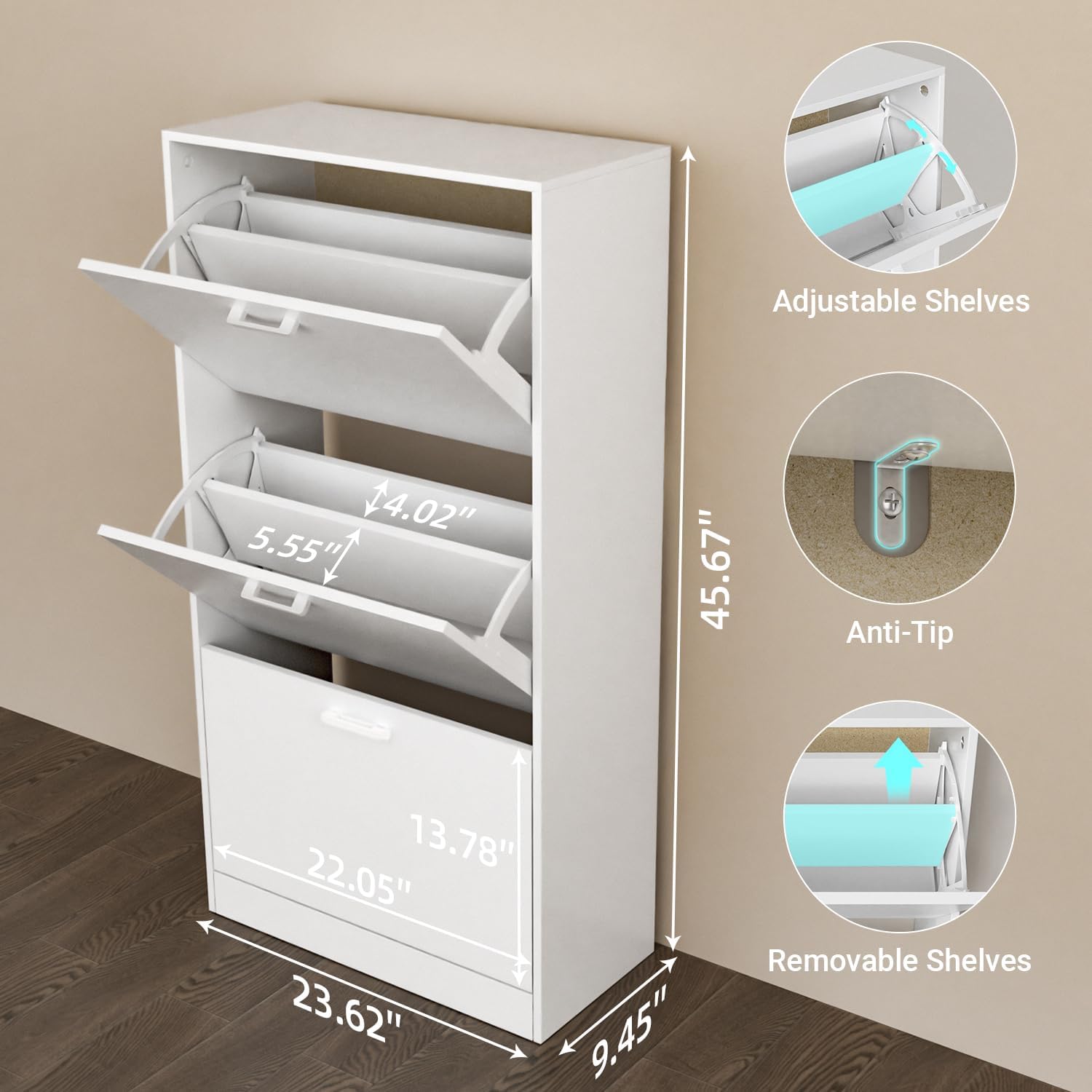 Shoe Cabinet with 3 Flip Drawers, Hidden Slim Freestanding Shoe Storage Cabinet, Narrow Freestanding Shoe Organizer for Entryway,Hallway, Living Room, White