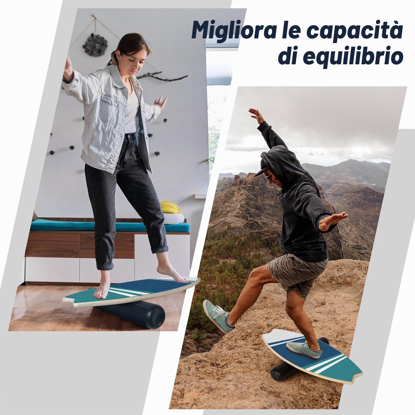 Leogreen Tavola dell’Equilibrio in Legno, 7 Modalità Skateboard | Tavola Multifunzione con Rullo e Pallina d’Equilibrio, Ideale per Fitness, Yoga e Surf, Interni