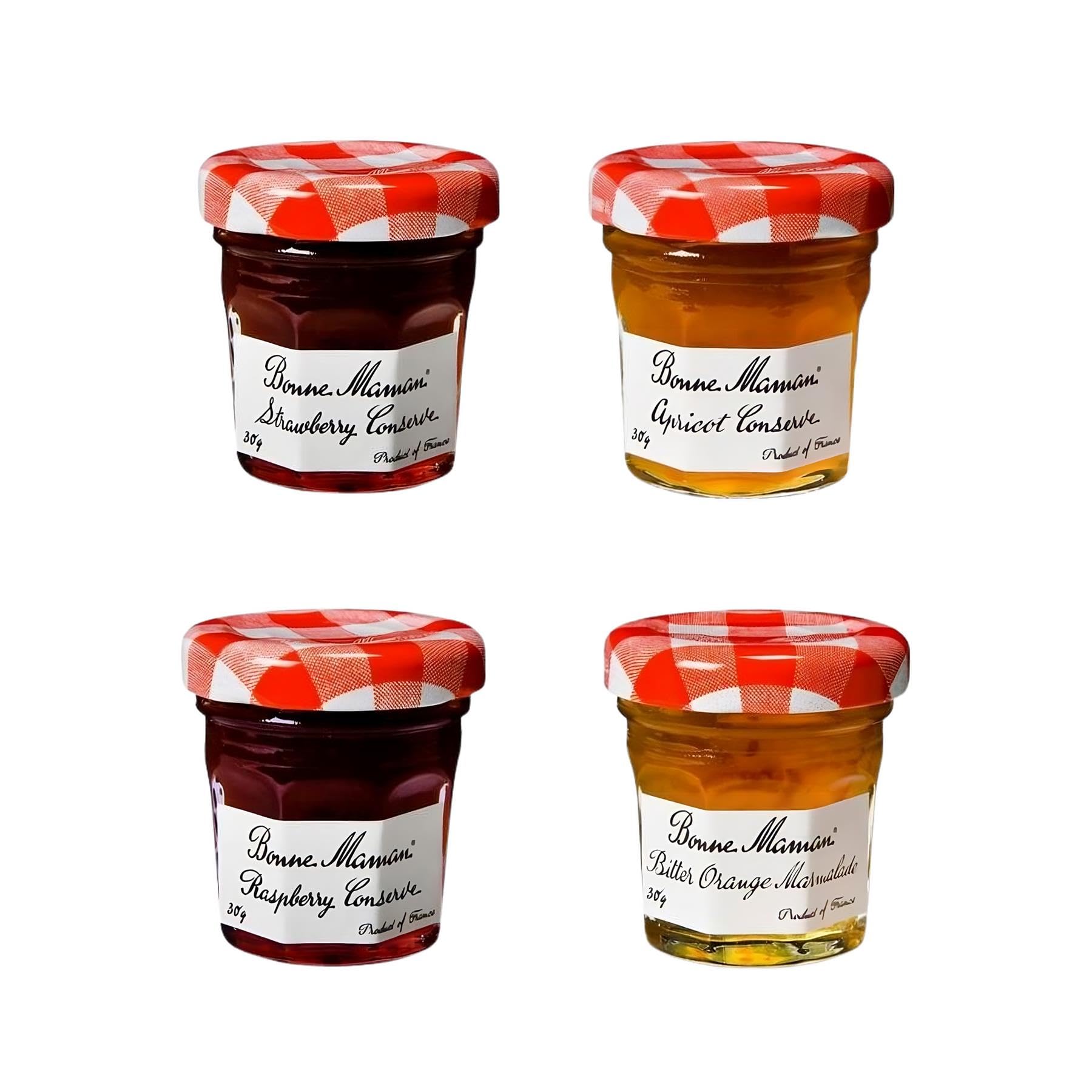 Bonne Maman Jam Pick N Mix - Choose From 4 Flavours | Strawberry-Conserve, Apricot-Conserve, Raspberry-Conserve, Bitter Orange Marmalade 30g - Pack of 20 (5 of Each)