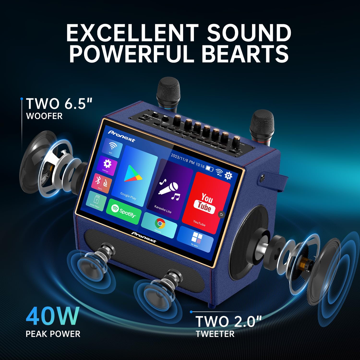 PRONEXT Macchina per karaoke con schermo di visualizzazione testi per adulti, altoparlante Bluetooth con 2 microfoni UHF ricaricabili, tablet da 14 pollici, potenza di picco 800 W, luci DJ, sistema