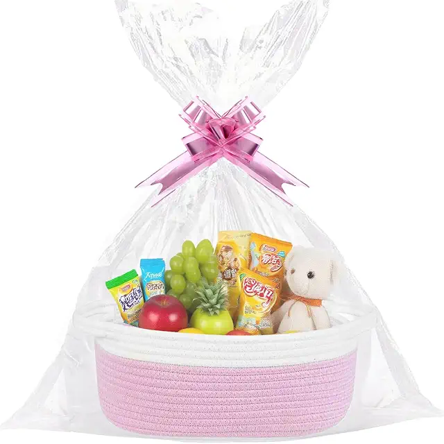 Easter Basket Gift Baskets Empty - Pink Woven Hamper Kit with Bows & Bags