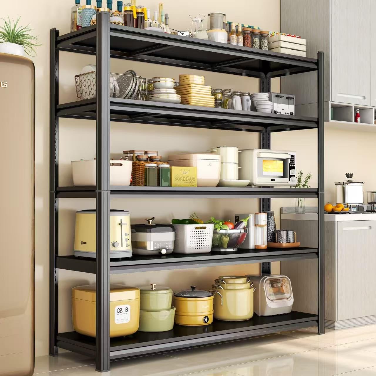 5-Tier Kitchen Shelving, Kitchen Storage Organization Metal Shelves Loads 2000LBS, Pantry Shelving Unit, Racks for Storage, Coffee Machine Storage Shelf Stand, Black