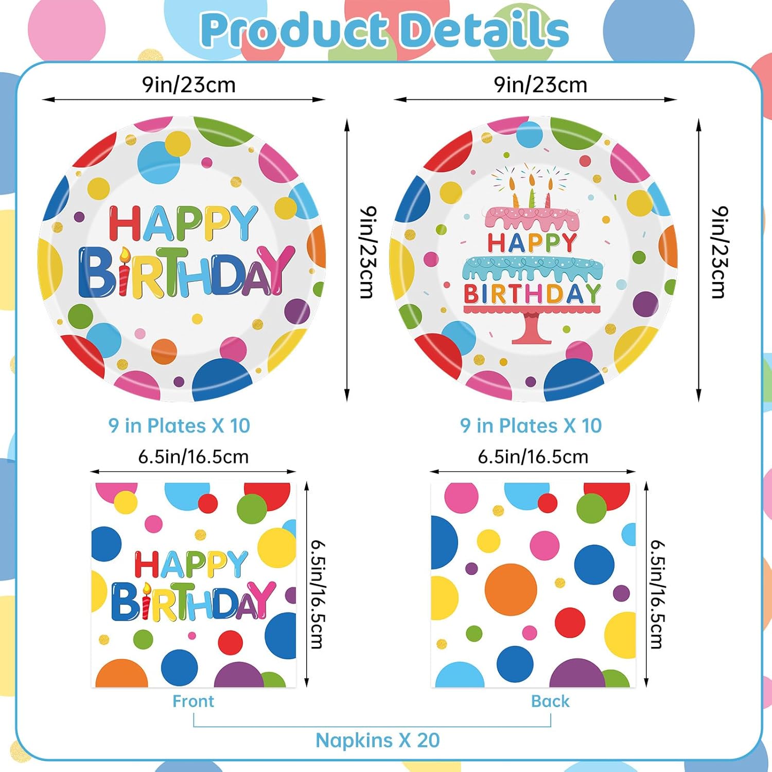 40 Pcs Happy Birthday Paper Plates and Napkins Sets - Polka Dots Bday Party Supplies Tableware, Disposable Colorful Dinner Plates Napkins Kit for Birthday Party Decorations Table Decor, Serves 20 - Image 3