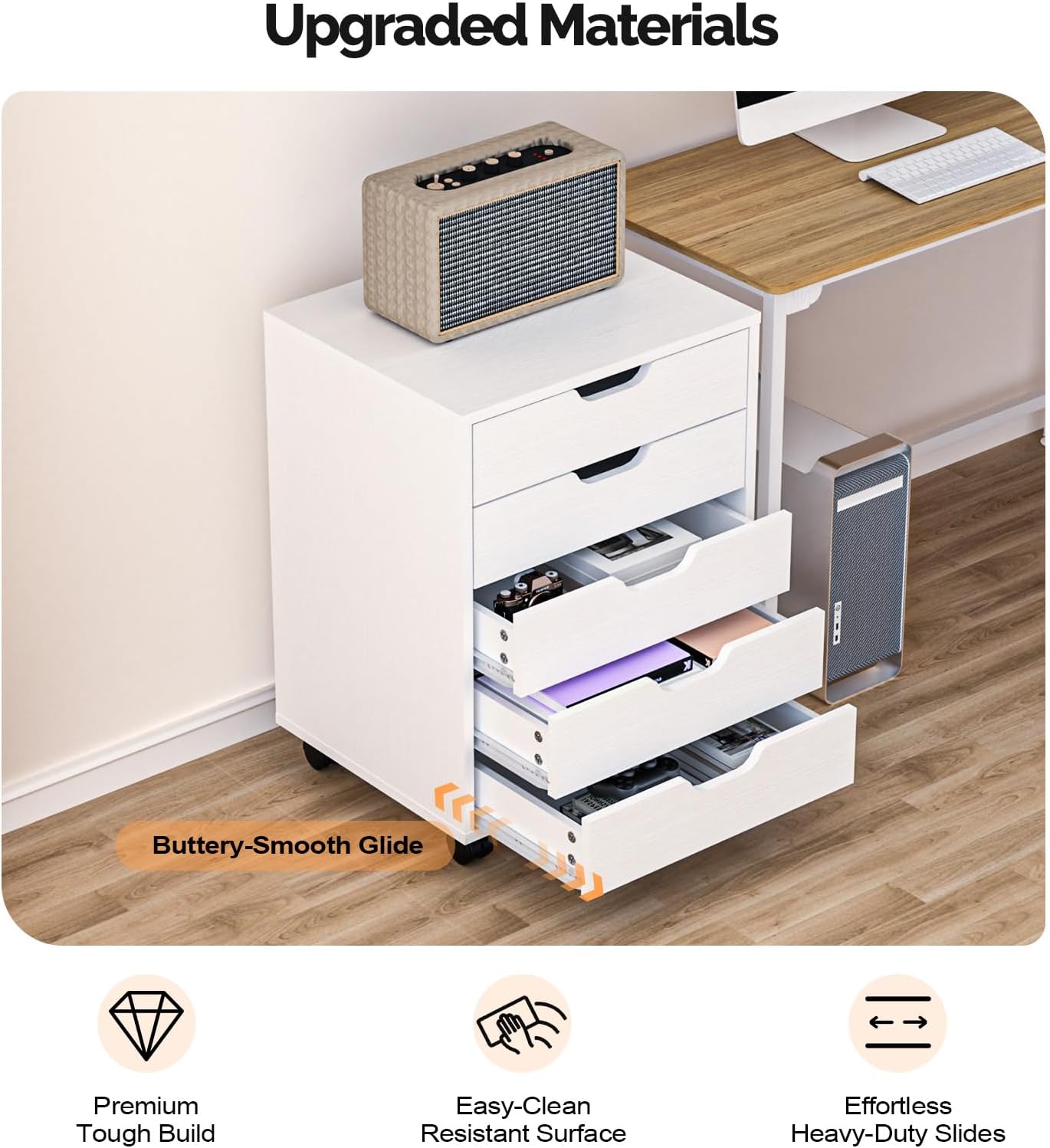 VINGLI 5 Drawers Mobile File Cabinet with Wheels, Under Desk Storage Organization, Vertical Filing Chest Rolling Wood Small Desk Printer Stand for Home Office, 19" W × 15.8" D × 25.6" H, White