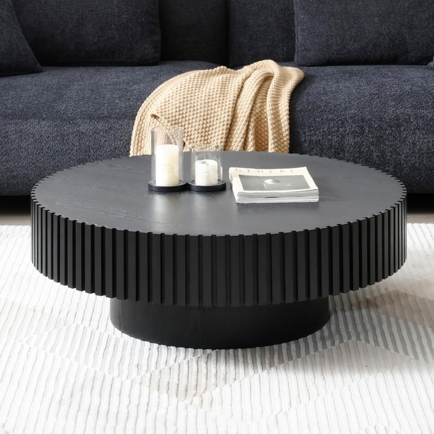 31.49" Round Coffee Table for Living Room,Wooden Handmade Solid Wood Stripes Tea Table,Wood Grain Desktop Coffee Table for Apartment Small Space (Black)