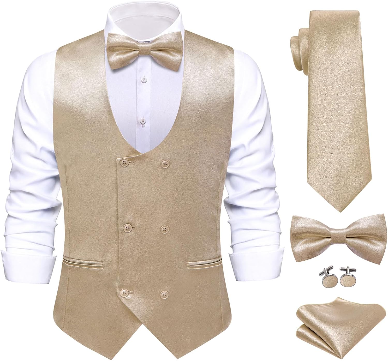 Hi-Tie Mens Silk Double-Breasted Suit Vest Tie Pretied Bowtie and Pocket Square Cufflinks Slim Fit Wedding or Business Tuxedo