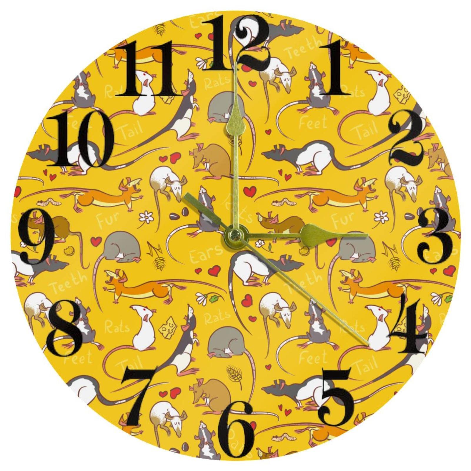 Horloge murale rat jaune silencieuse en design animalier pour cuisine et bureau