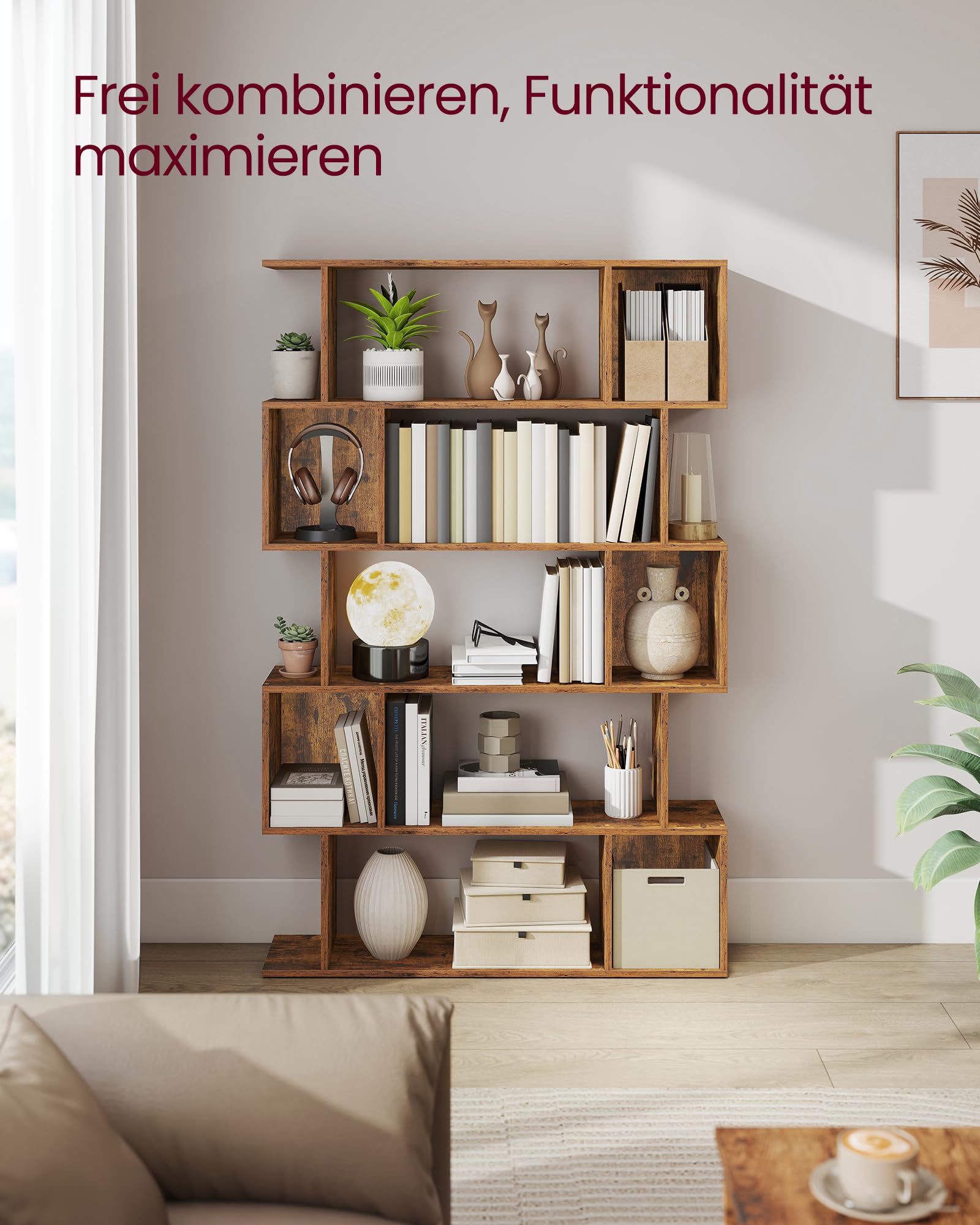 VASAGLE Custos Kollektion - Bücherregal mit 5 Ebenen, Standregal, 24 x 90 x 159 cm, Aufbewahrungsregal mit offenen Fächern, für Wohnzimmer, Schlafzimmer, Arbeitszimmer, vintagebraun LBC416K01