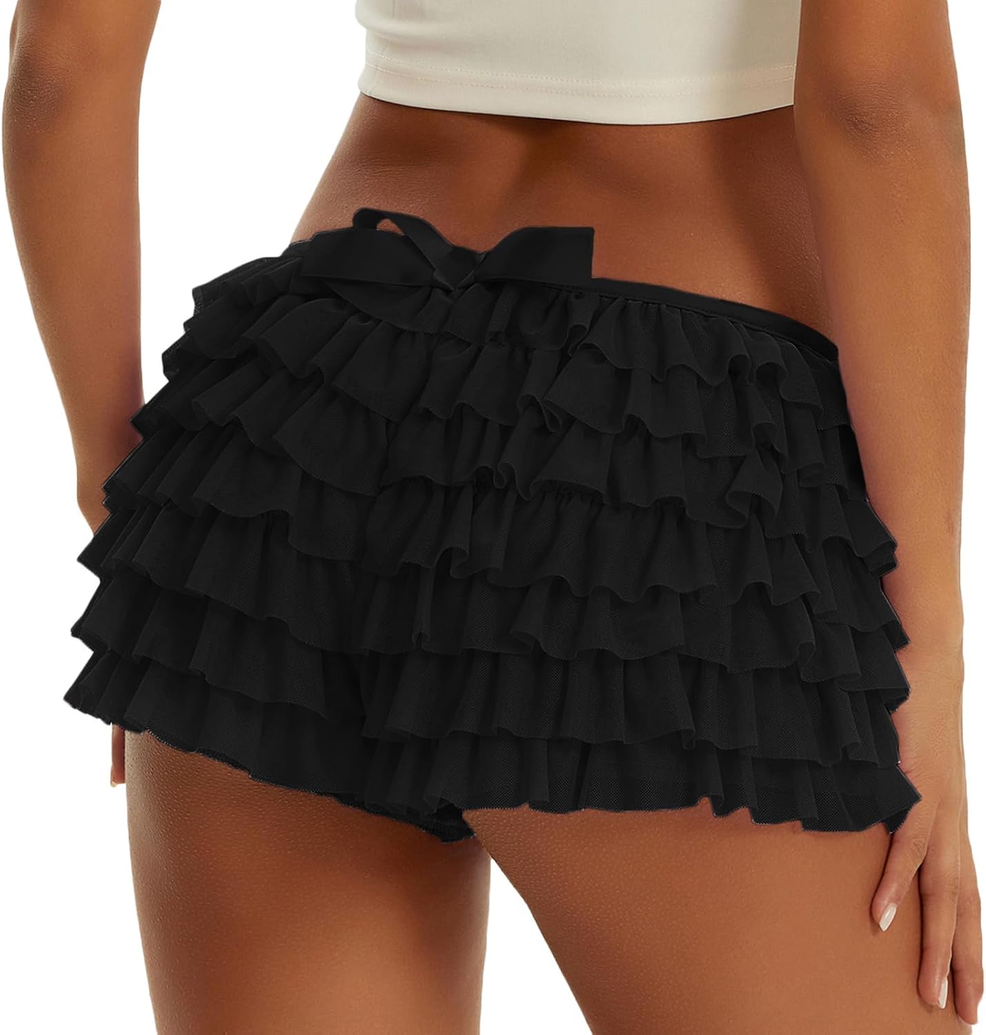 Women Ruffle Bloomers Shorts Micro Mesh Y2K Lace Layered Booty Rave Clubwear