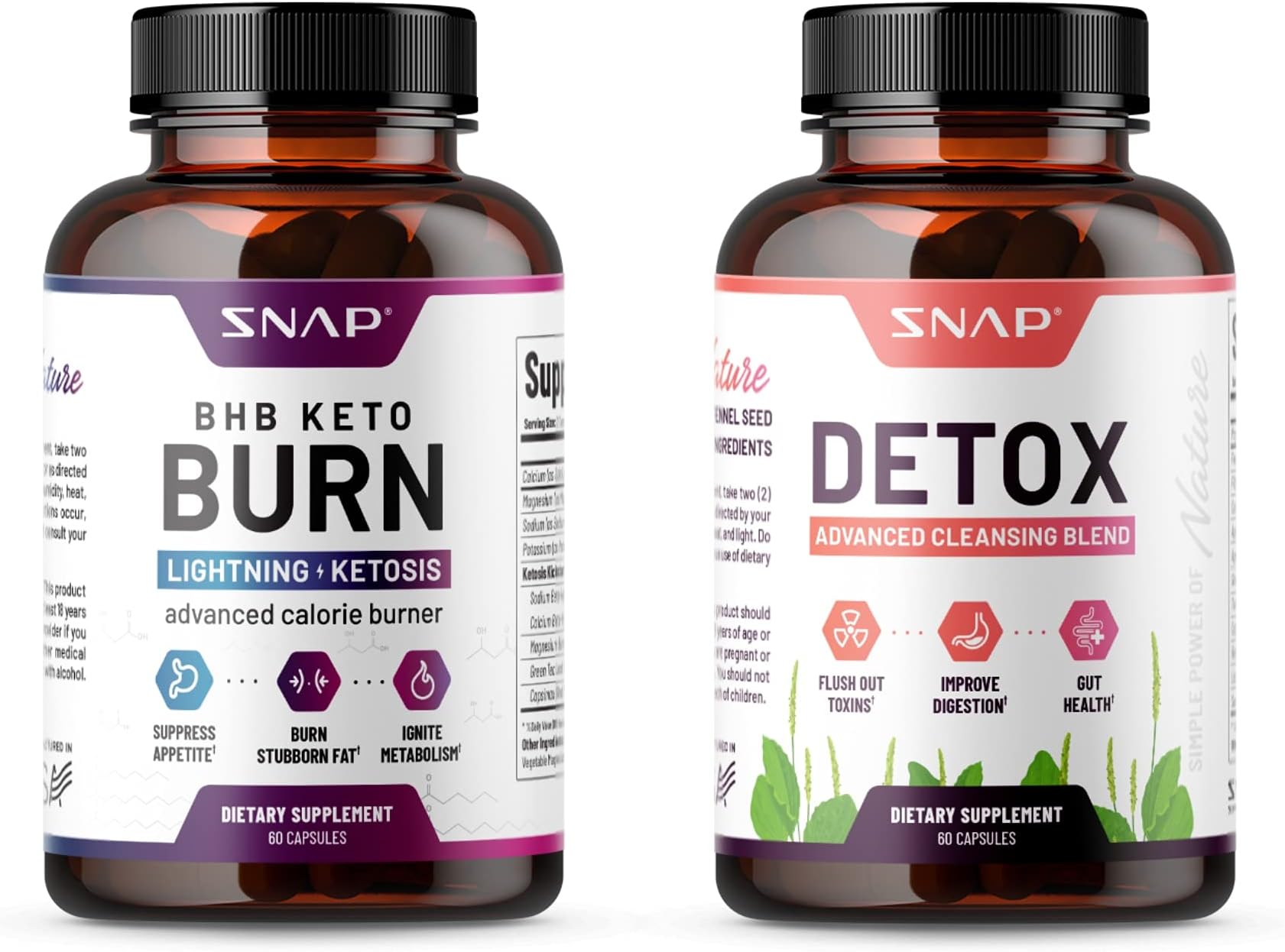 Keto + Detox Bundle Cleanse Weight Loss Aid by Snap Supplements - Ketogenic, Ketosis Diet Pills - Supports Metabolism for Women and Men - 120 Capsules