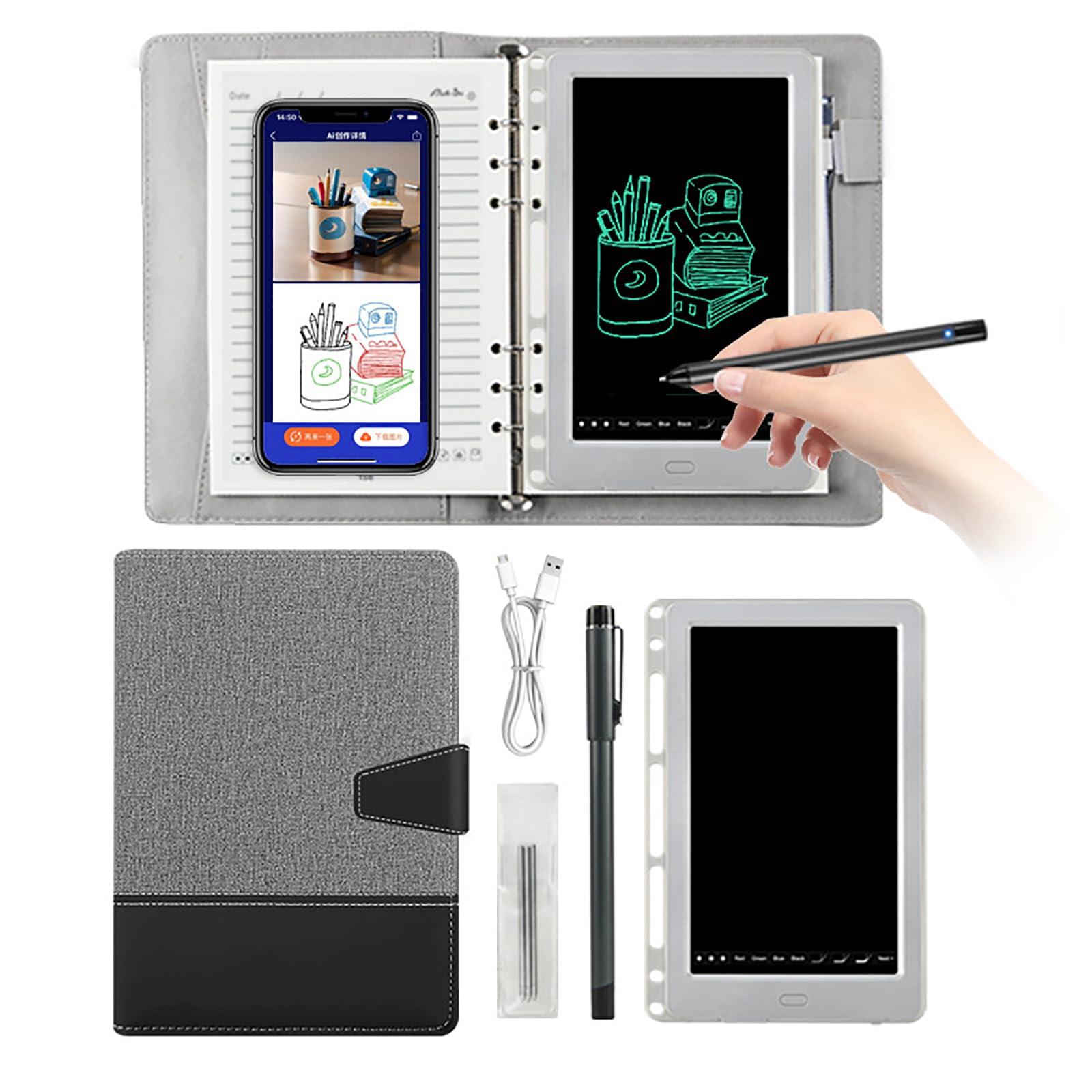Sketchbook Digitale, Tablet da Disegno 2-in-1 e Taccuino Intelligente con Penna Sincronizzata, Riutilizzabile per Disegnare, Scrivere e Prendere Appunti Grey Black