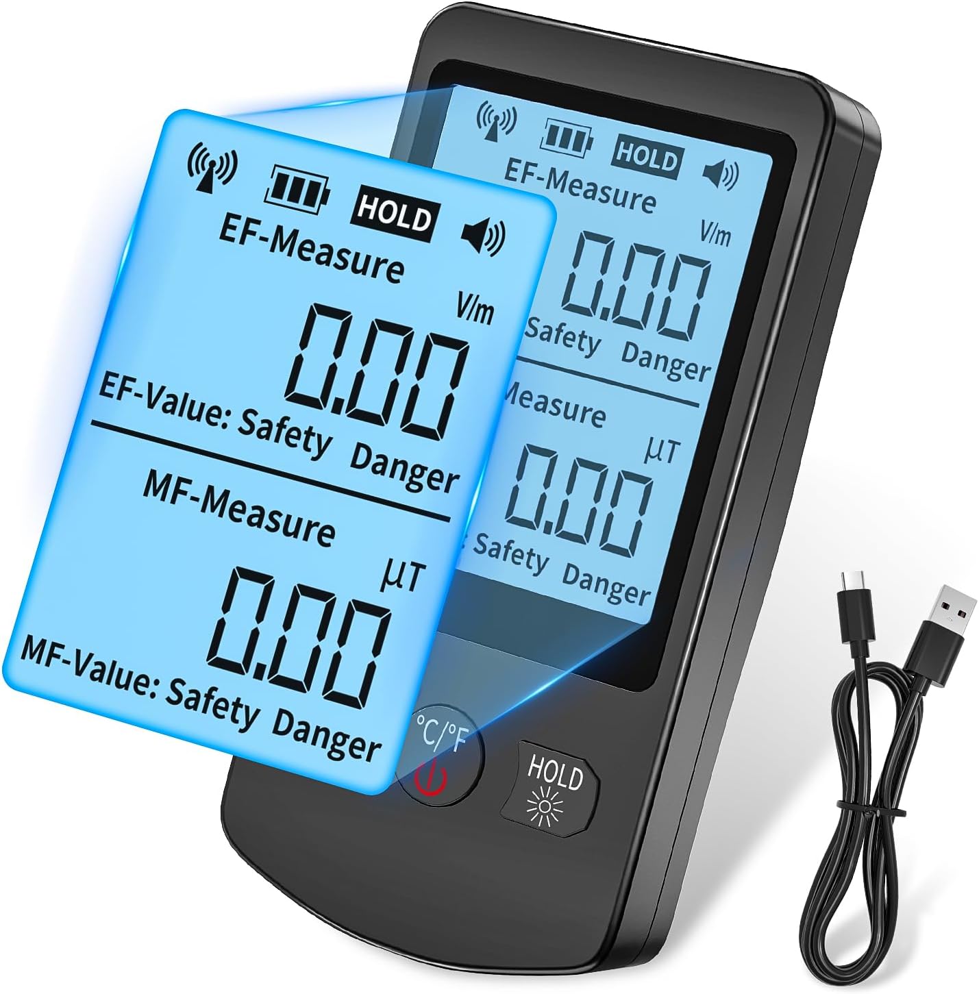 Digital EMF Meter, 3 in 1 EF/MF/Temperature Radiation Detector Meter with USB Rechargeable - Ghost Hunting Magnetic Field Detection for Home, Office, Bedroom, Hotel, Family, Friends
