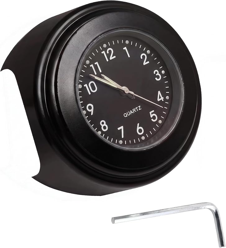Bicycle Handlebar Clock, Waterproof Shockproof Alloy Motorcycle Timepiece with Anti-slip Pad, Quartz Retro Dial, for 7/8" - 1.0" Handlebars (Black)