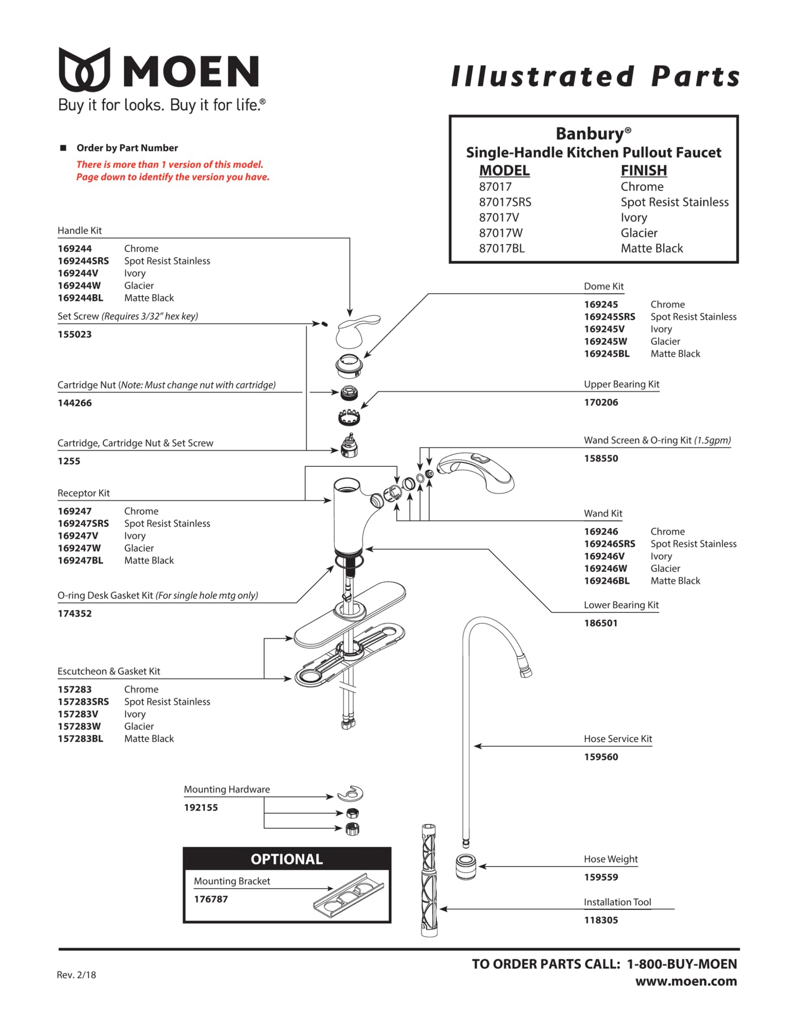 Moen 159560, Replacement Hose Service Kit for Moen Pullout Style