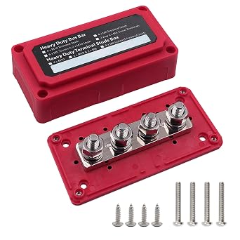 4 x M10 3/8" Studs Power Distribution Block Bus Bar 12V, Ampper Waterproof HD 300A Marine BusBar Battery Distribution Block W/Cover for Auto Boat Solar Red