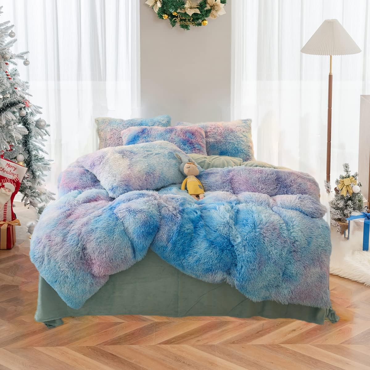 Gеt Sресіаl Prісе Christmas Kid's Plush Shaggy Duvet Cover Twin, Velvet Bedding Set, 2 Pieces (1 Faux Fur Duvet Cover + 1 Faux Fur Pillowcase), Luxury Soft Fluffy, Zipper Closure (Multicolor Blue, Twin)