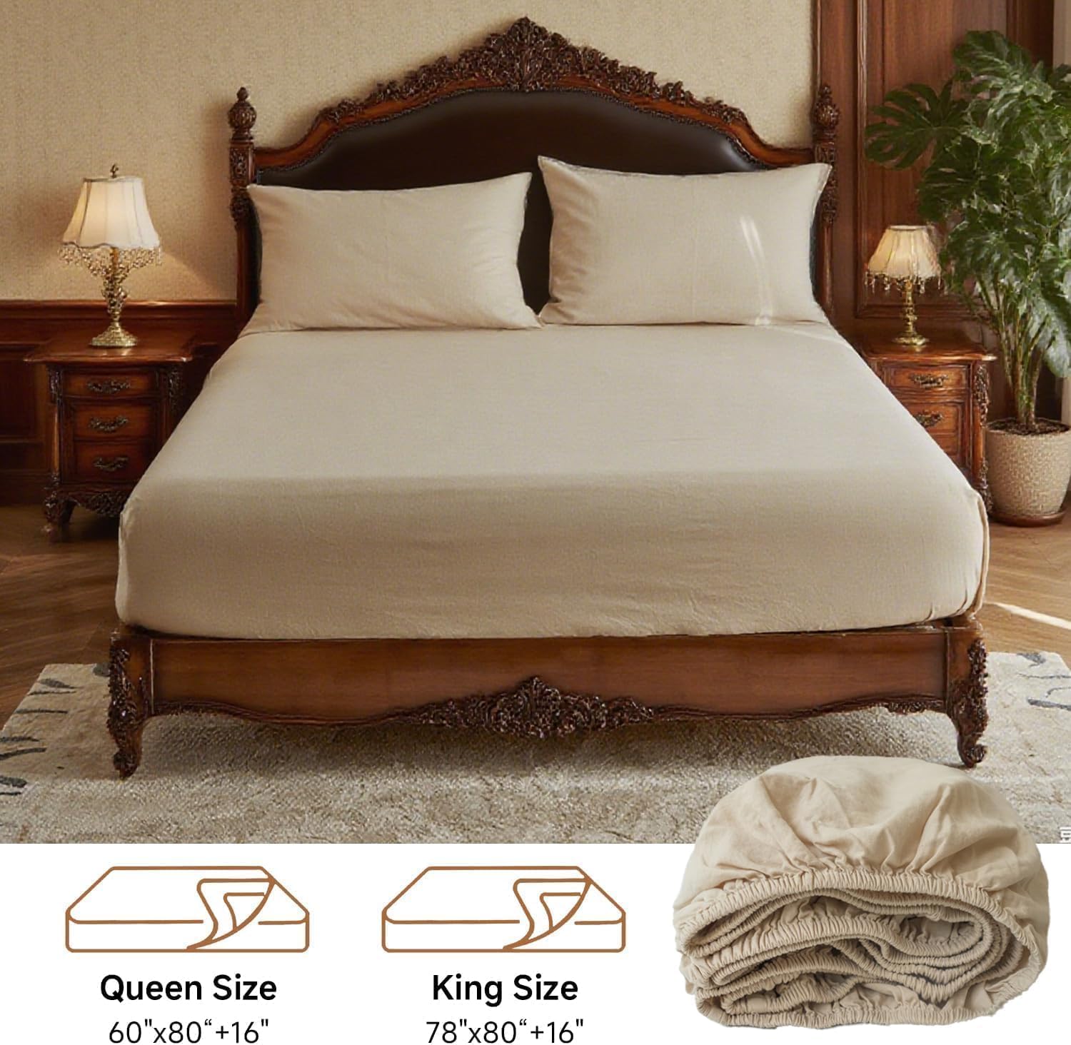 Flax Linen Fitted Sheet King Size, Easy Fit Linen-Cotton Blend Mattress Cover Breathable Soft Deep Pocket (Up to 16") Fitted Bed Sheets for Year-Round Comfort (78" X 80", Linen)