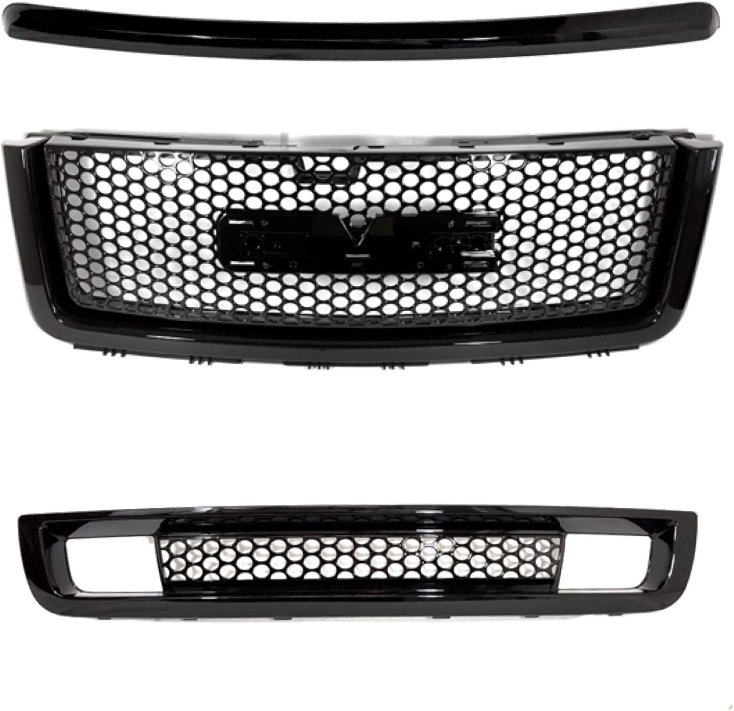 Gloss Black Denali Mesh Grille Combo Compatible with GMC Sierra 1500 New Body 2007-2013 3PCS Top/Upper/Lower Front Grille Truck Replacement (No Classic/2500/3500)