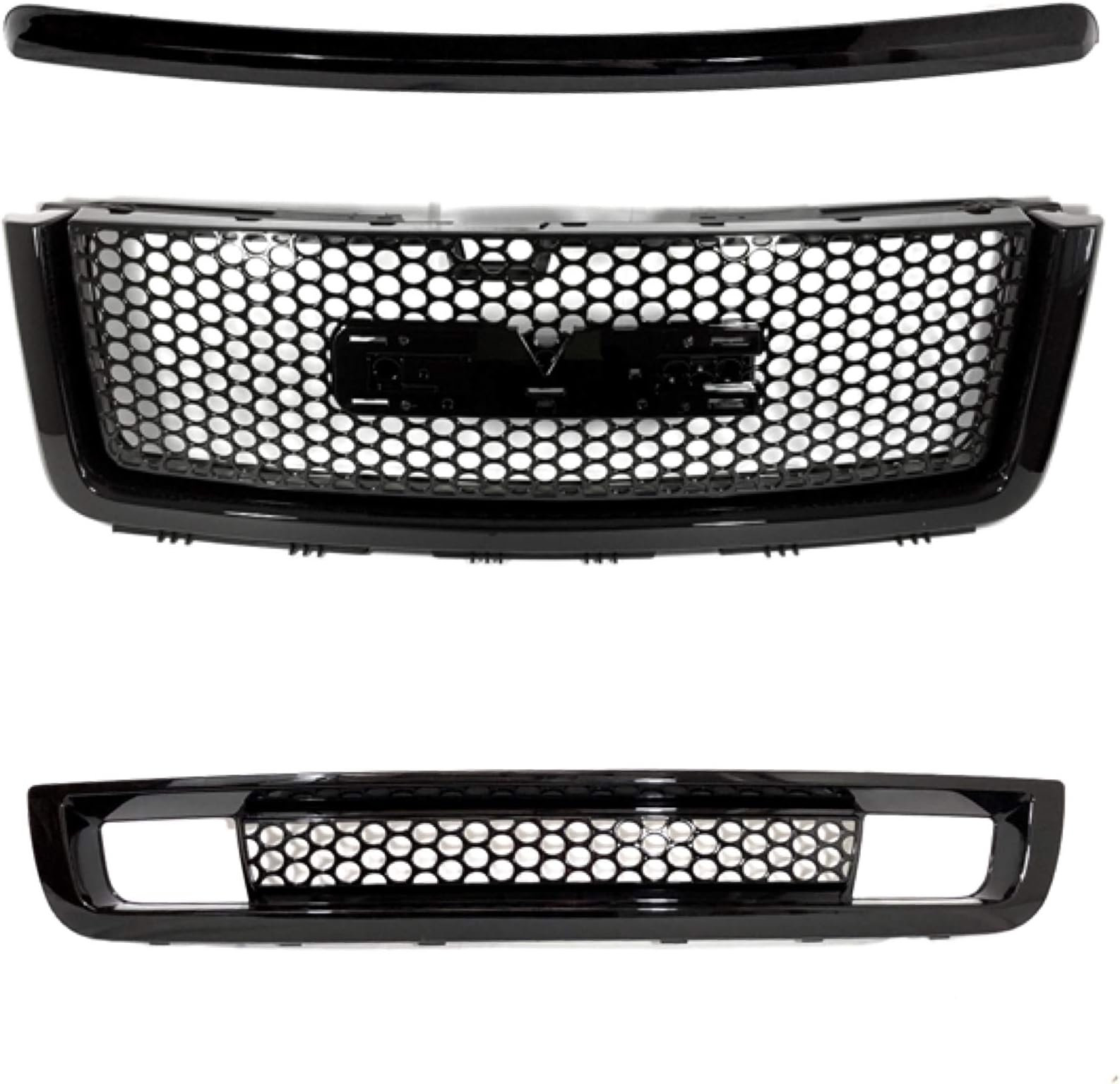 Gloss Black Denali Mesh Grille Combo Compatible with GMC Sierra 1500 New Body 2007-2013 3PCS Top/Upper/Lower Front Grille Replacement (No Classic/2500/3500)