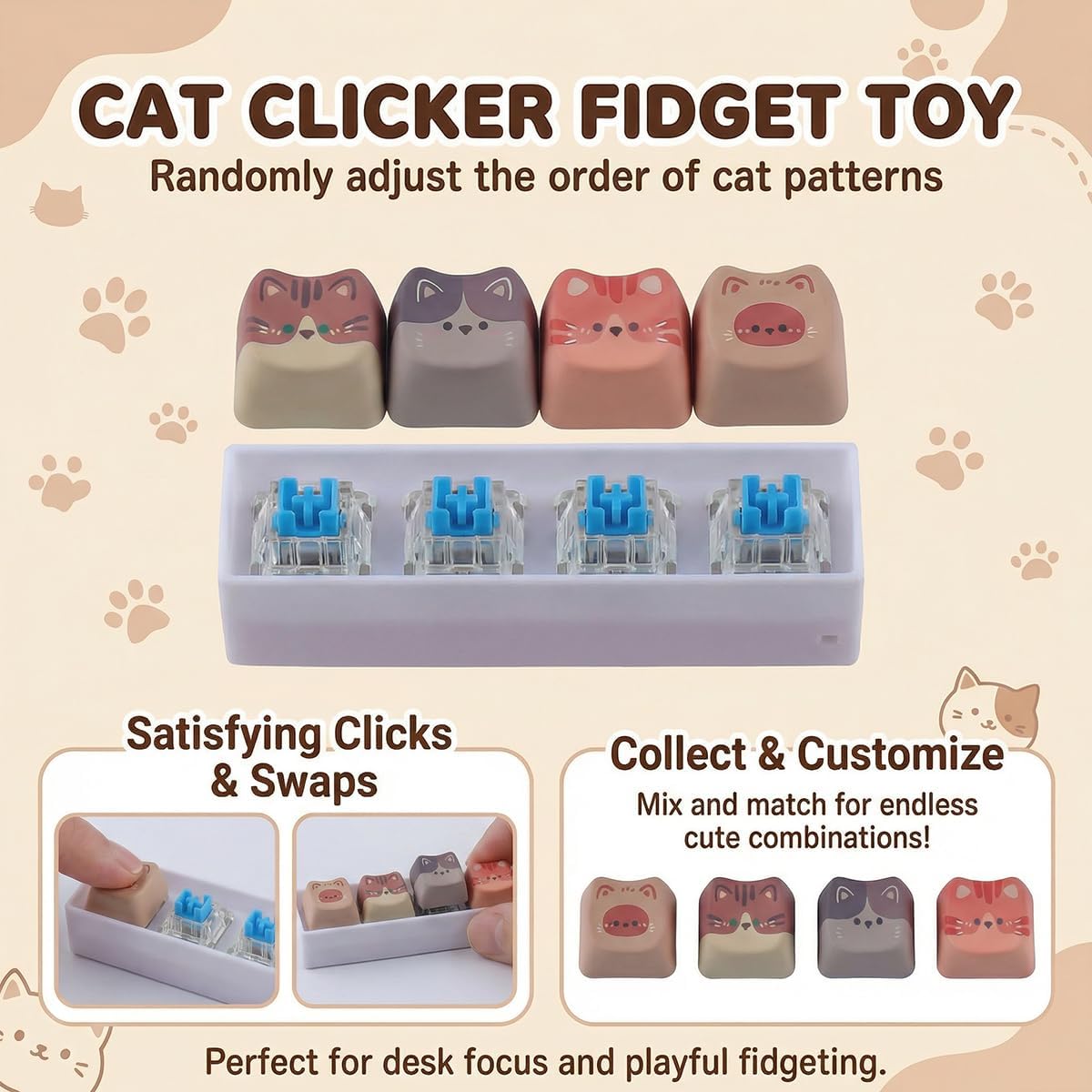 Keyboard Fidget Toy, Cute Cat Keyboard Clicker Fidget Keychain, 4-in-1 Keyboard Decompression Button Finger Clicker Toys, Button Stress Relief Fidget to Relief Stress