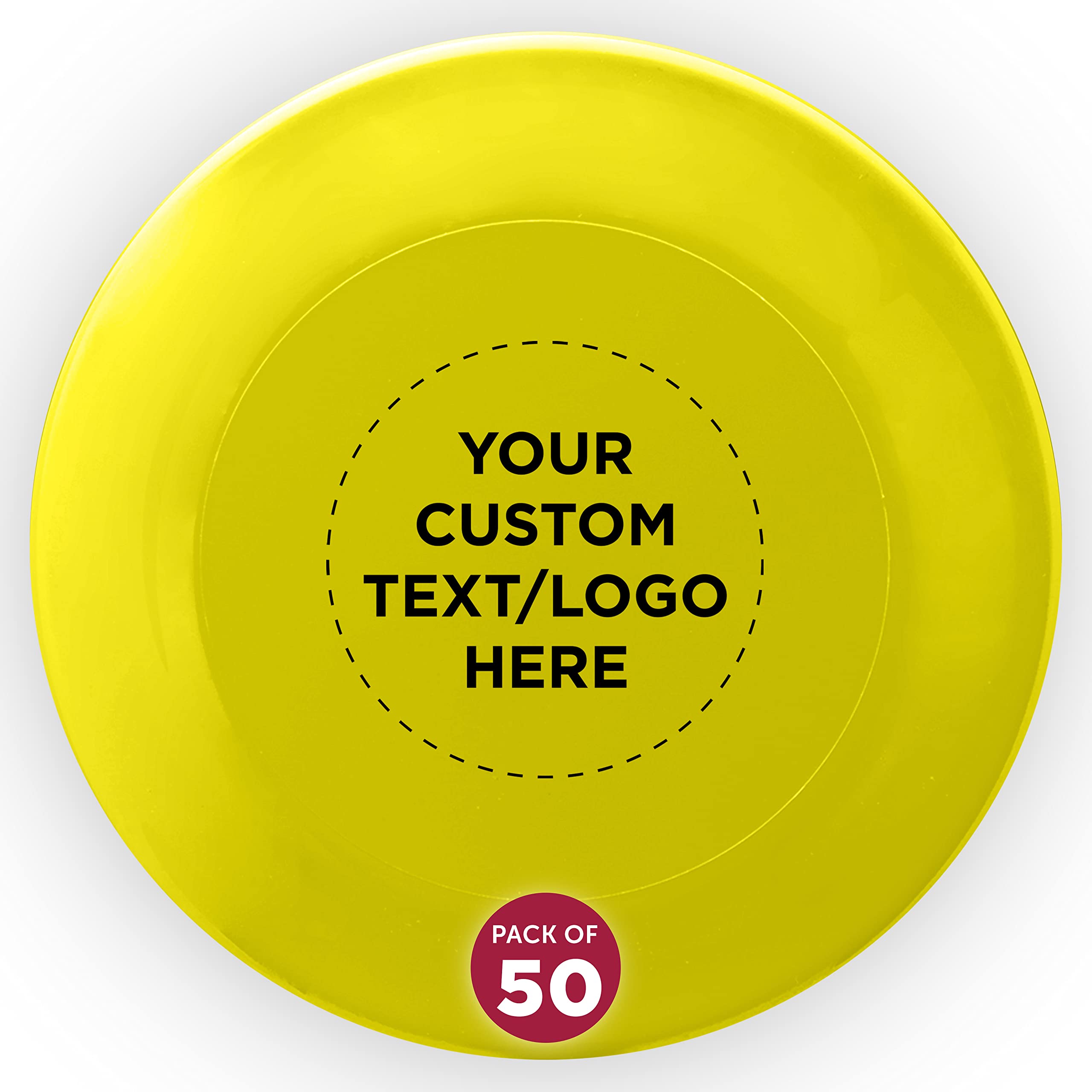 DISCOUNT PROMOS Custom Frisbees 9.25 inch. Set of 50, Personalized Bulk Pack - Fun Outdoor Games for Adults and Family - Yellow