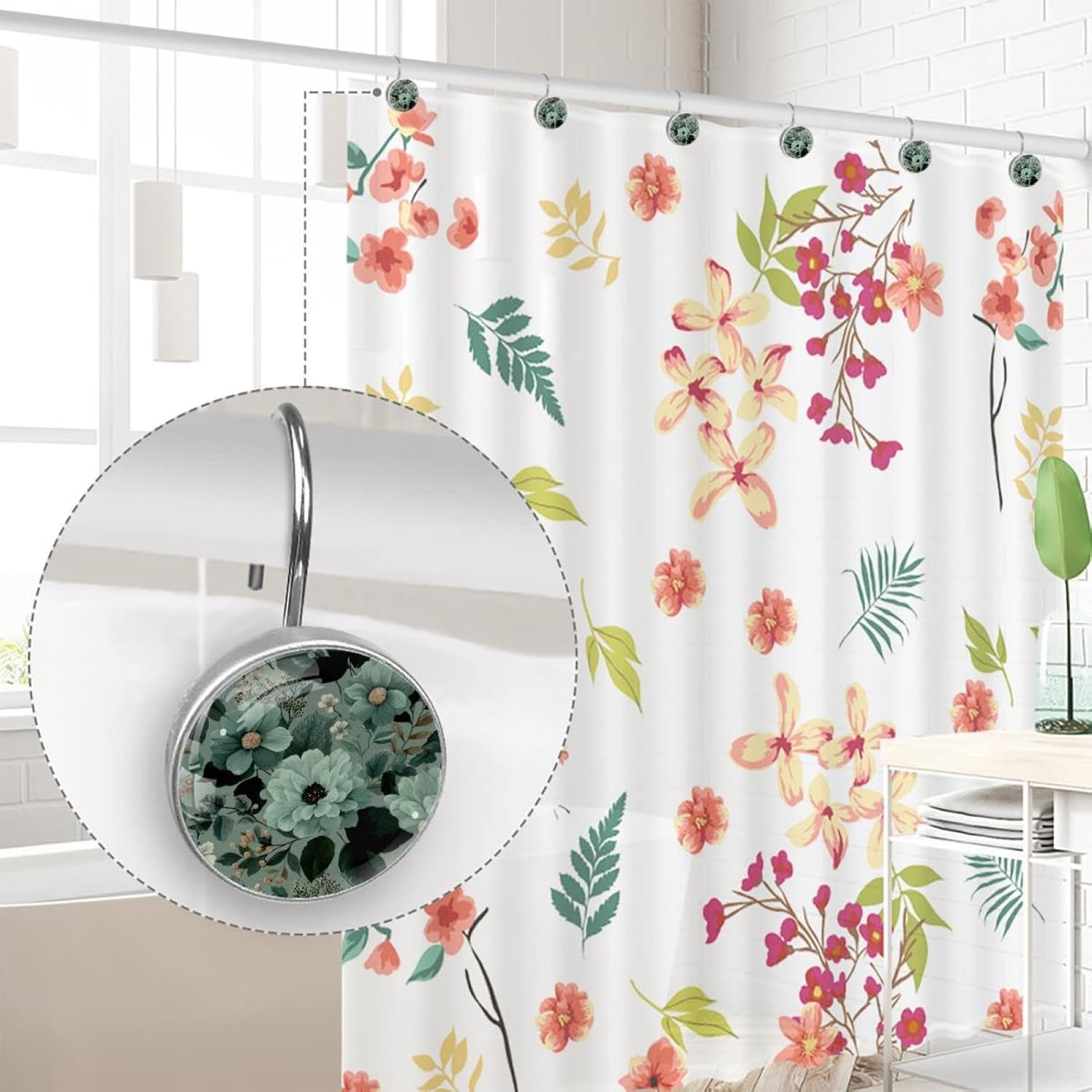 12 Pack Sage Green Flowers and Leaves (1) Shower Curtain Hooks, Stainless Steel Decorative Shower Curtain Rings for Bathroom, Rust Proof Shower Curtain Hangers for Curtains Rods