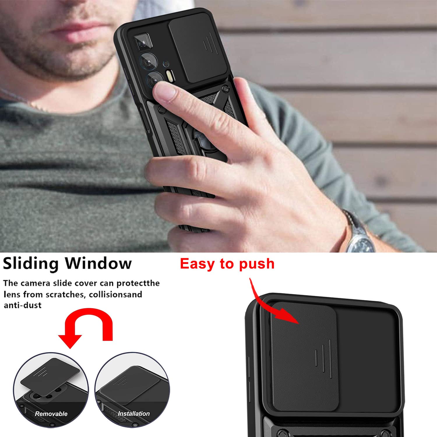 YSNZAQ Military Heavy Duty Shockproof Case For Motorola Edge 20 Pro, Sliding Window Lens Protector With Magnetic Car Mount For Motorola Edge 20 Pro SJ Black