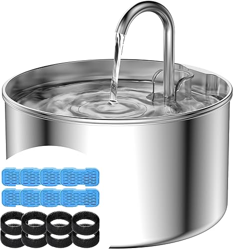 AOOGITF Fuente de agua para gatos + 8 filtros + 8 esponjas, fuente de agua para mascotas de acero inoxidable 304, 24 horas mantiene el agua limpia,
