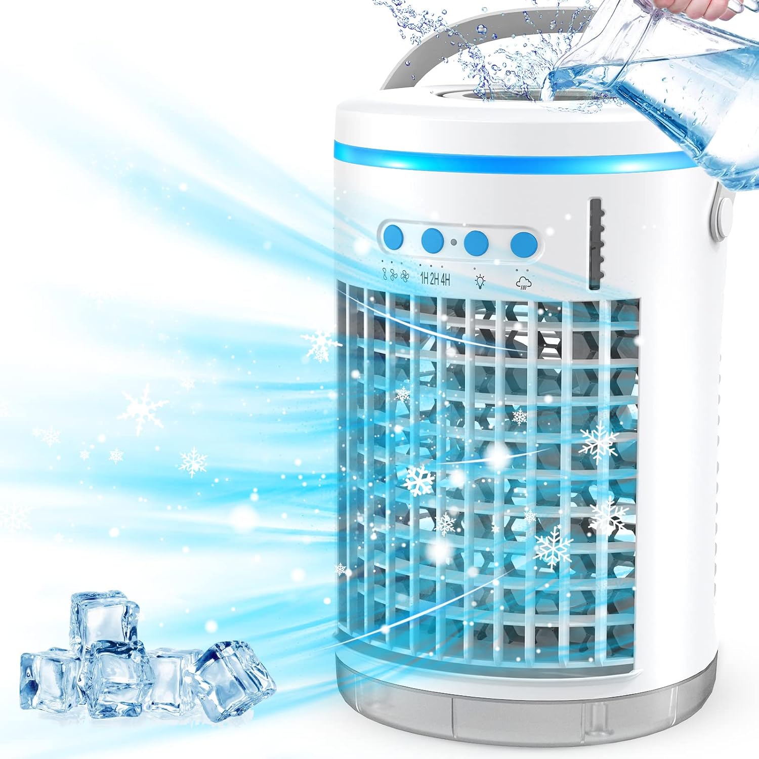 Zacsync Evaporative Air Cooler, 3 IN 1 Personal Evaporative Cooler, 3 Speed Cooling Fan & Portable Humidifier, with Handle 7 Colors Light & Remote Control & USB Plug for Room, Office, Bedroom,Camping