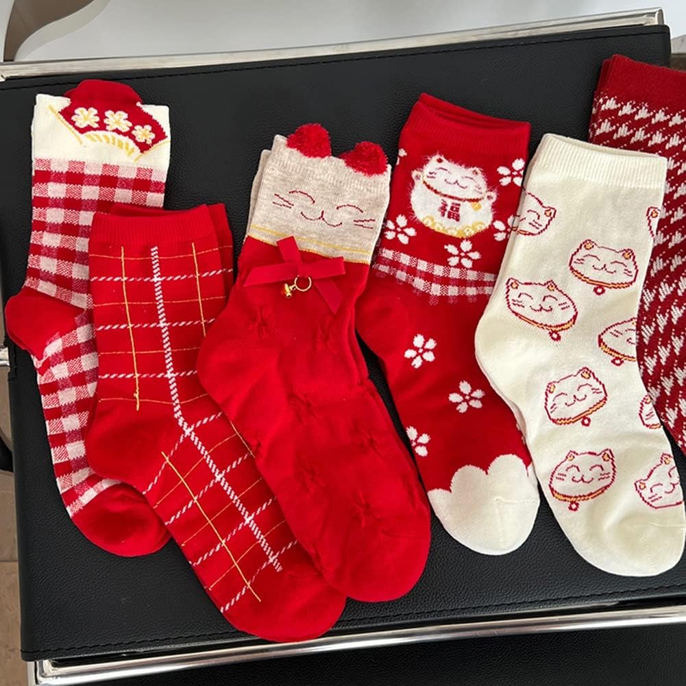 New Year's Red Lucky Socks, Rabbit Embroidered Chinese Zodiac Girl Socks, Chinese Lunar New Year Best Gift, 6 Pairs