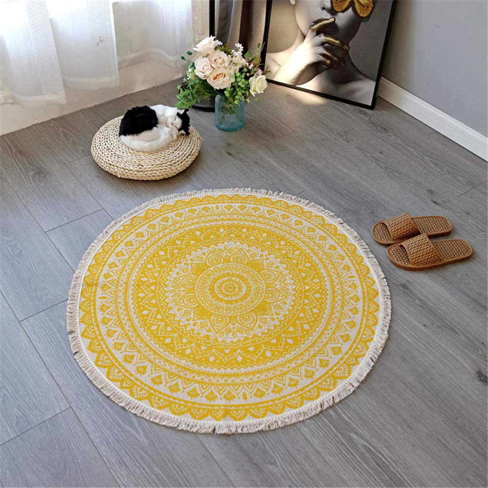 Morbuy Yellow Round Area Rug Carpet Handmade Rug, Machine Washable Indian Floor Mats With Tassels Hand Woven Printed Kitchen Runner For Bedroom Living Room (92Cm,)