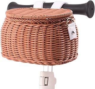 PEILINZE Cesta de mimbre para manillar delantero con cinturón y tapa, cesta tejida para bicicletas infantiles, scooters