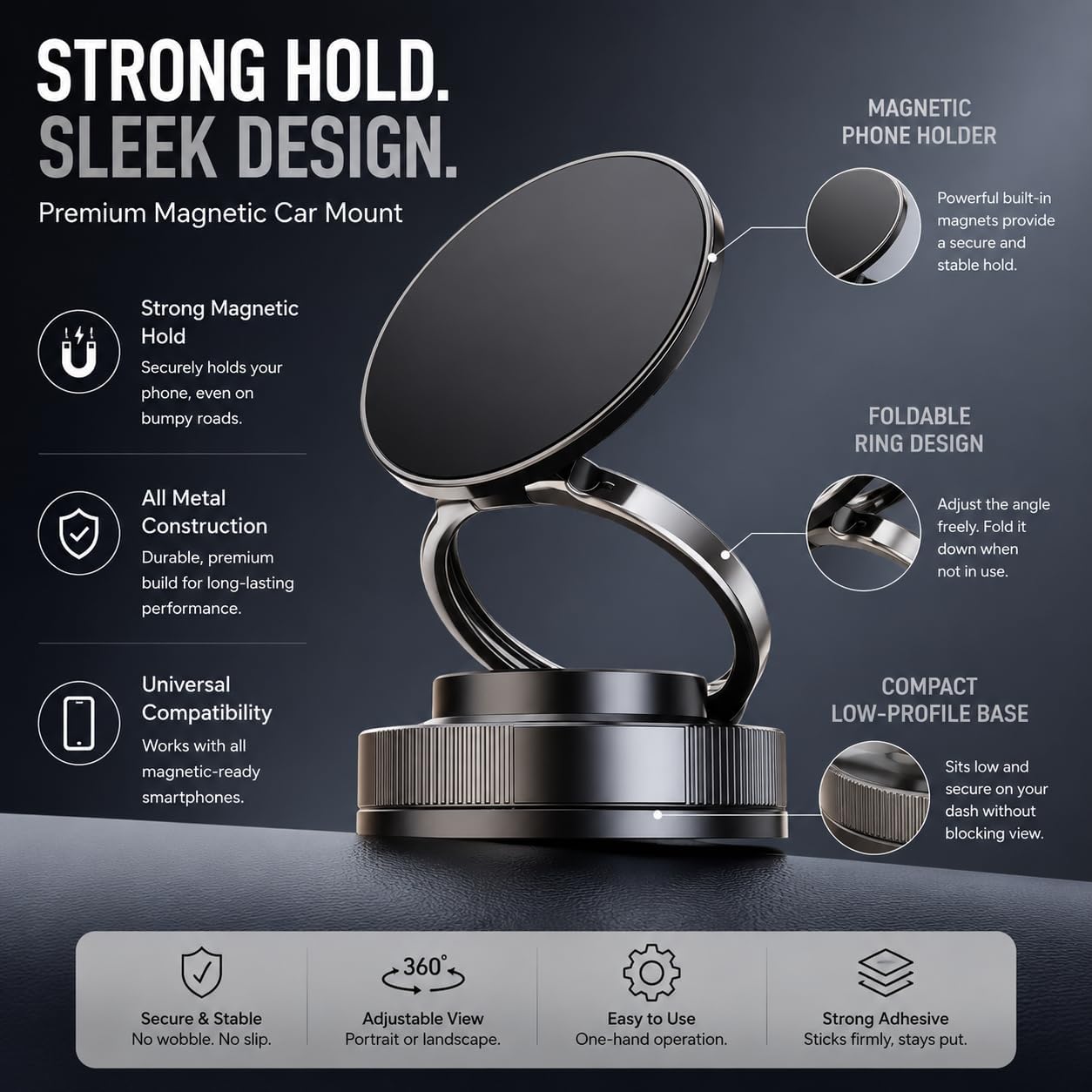 Vacuum Magnetic Car Phone Holder, 360° Adjustable Mount, Black image 3