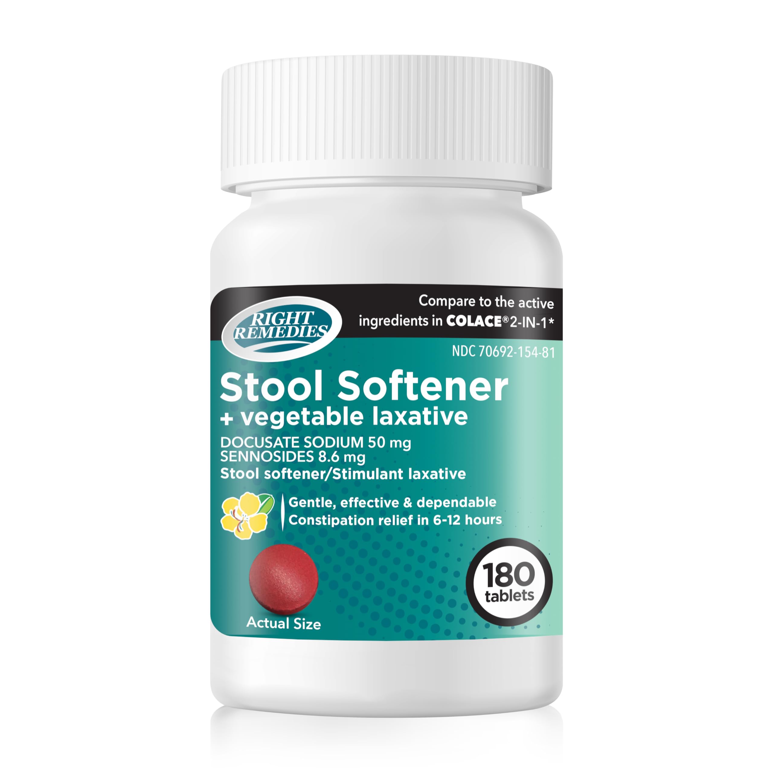 Natural Vegetable Laxative Plus Stool Softener, (180 Tablets), Gentle Effective Dependable Constipation Relief in 6-12 hours, Compare to the Active Ingredients in National Brand Product
