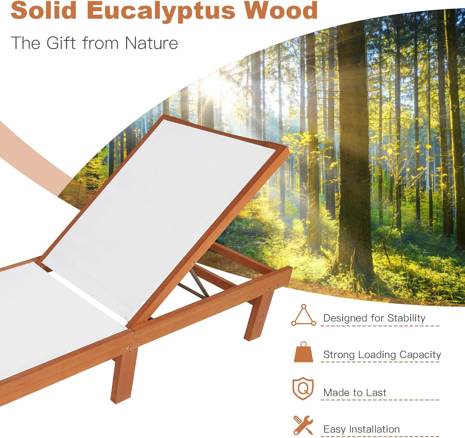 COSTWAY Patio Wood Chaise Lounge Chair, Strong Eucalyptus Wood Frame, 5-Position Adjustable Outdoor Recliner with White Mesh (1)