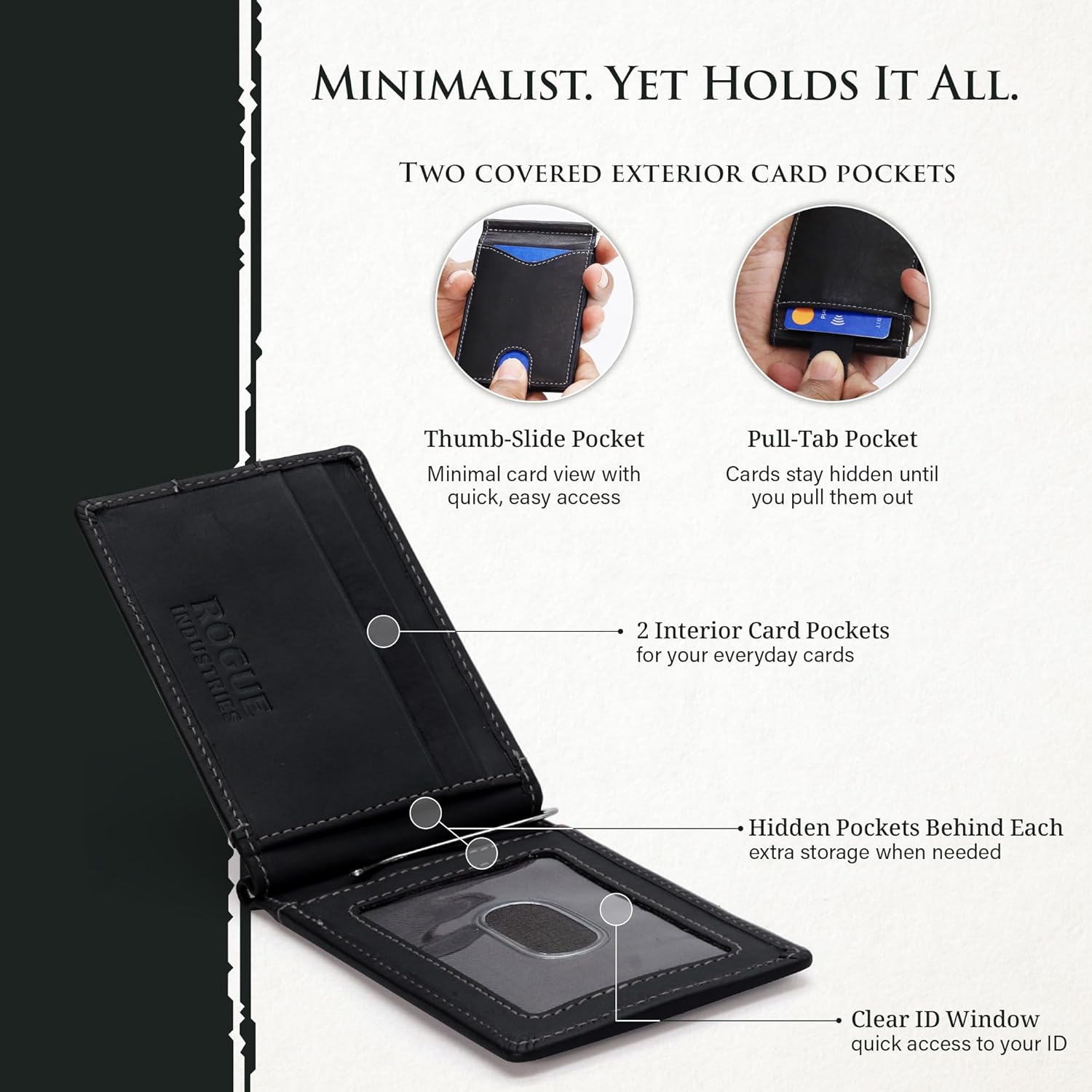 ROGUE WALLET Genuine Leather Minimalist Wallets - RFID Blocking with Money Clip - Interior & Exterior Card Pockets & More - Gift for Men (Black) - Image 6