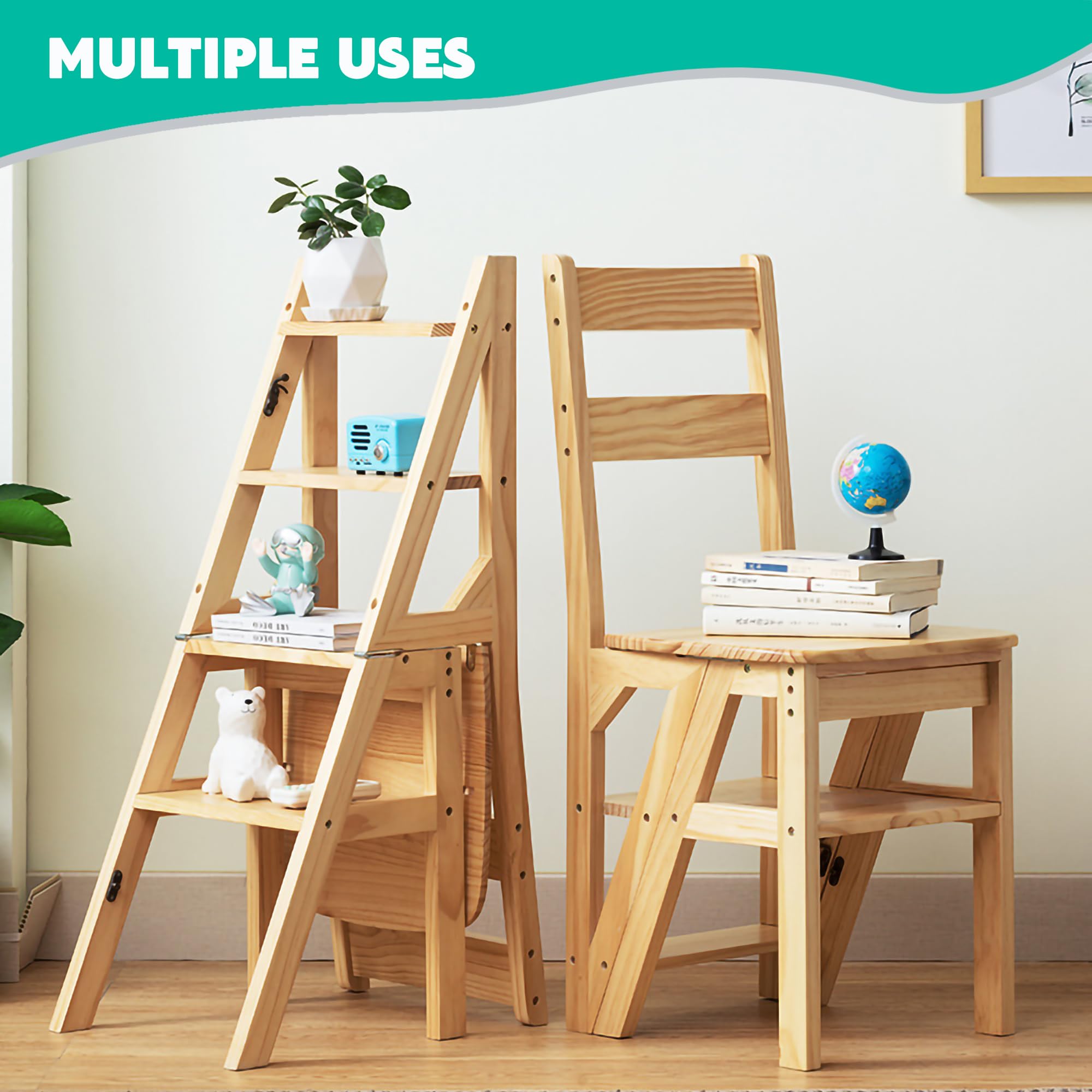 Escalera plegable de 4 peldaños, 2 en 1, escalera y silla plegable de madera, capacidad hasta 180 kg, adecuada para cocina, hogar, bibliotecas (color madera)