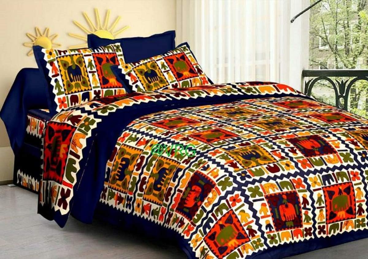 Cotton Printed Bedsheet for Adult/Kids Room, Sanganeri Jaipuri Bedcover Bedspread 84x90 Inches with 2 Pillowcovers