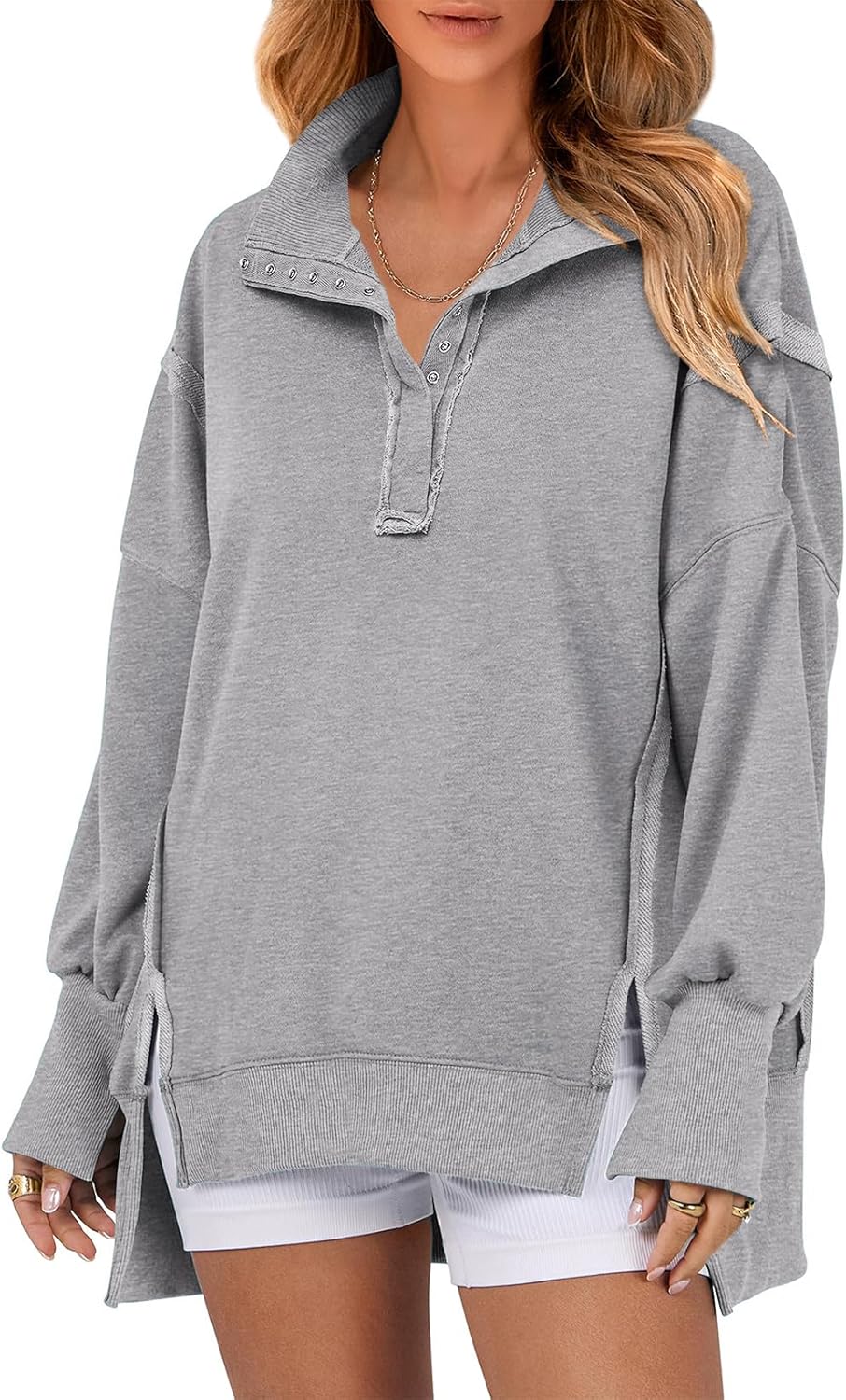 SHEWIN Womens Reverse Seam Snap-Button Henley Sweatshirt Casual Loose High Low Split Pullover Tops SHEWIN Womens Reverse Seam Snap-Button Henley Sweatshirt Casual Loose High Low Split Pullover Tops